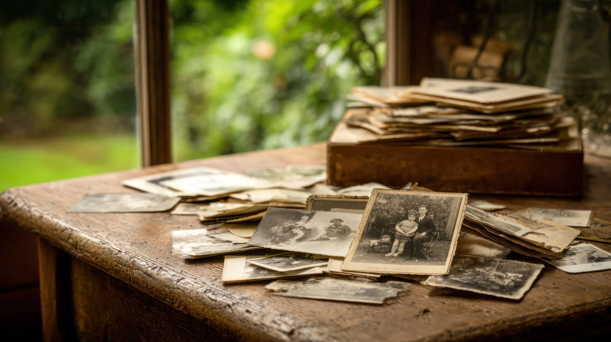 Vieille table en bois couverte de vieilles photographies noir et blanc, avec une caisse contenant plus de photos, dans une pièce avec un décor champêtre.
