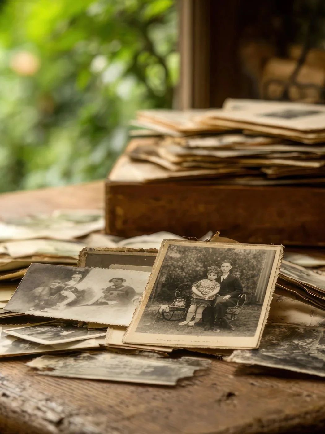 Photos anciennes en noir et blanc dispersées sur une table en bois, avec un couple assis sur un banc dans un jardin en arrière-plan.