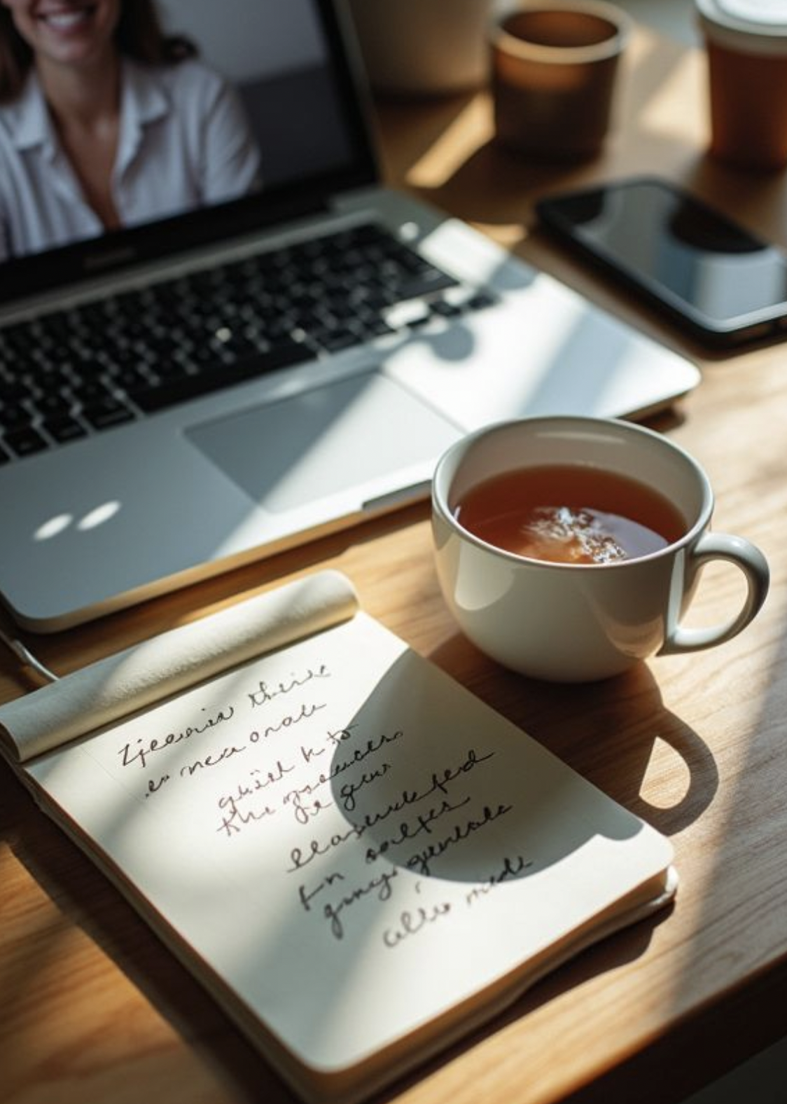 A workspace with a laptop, a notebook with handwritten notes, a cup of tea, and a smartphone on a wooden table, with sunlight casting shadows.
