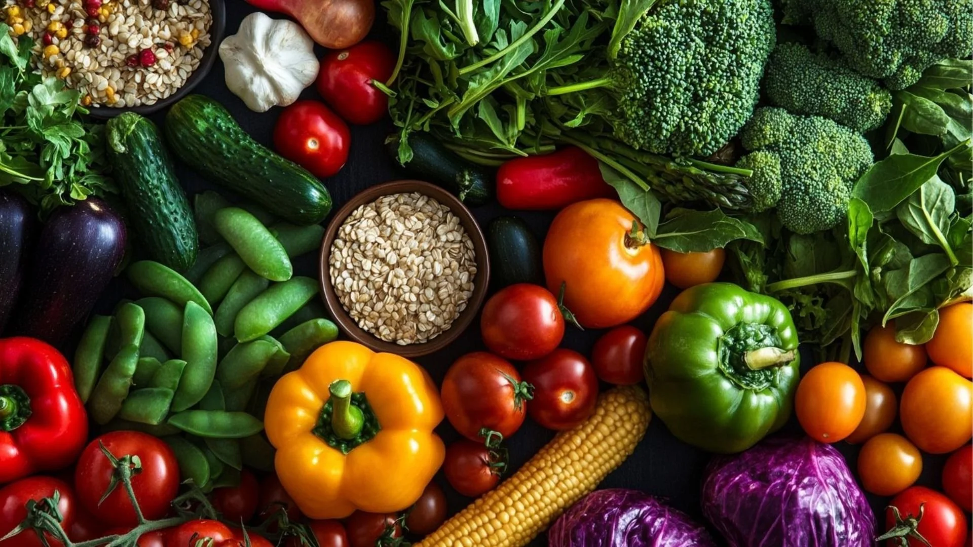 Fresh vegetables and grains including tomatoes, cucumbers, broccoli, bell peppers, eggplant, garlic, and corn displayed on a dark surface.