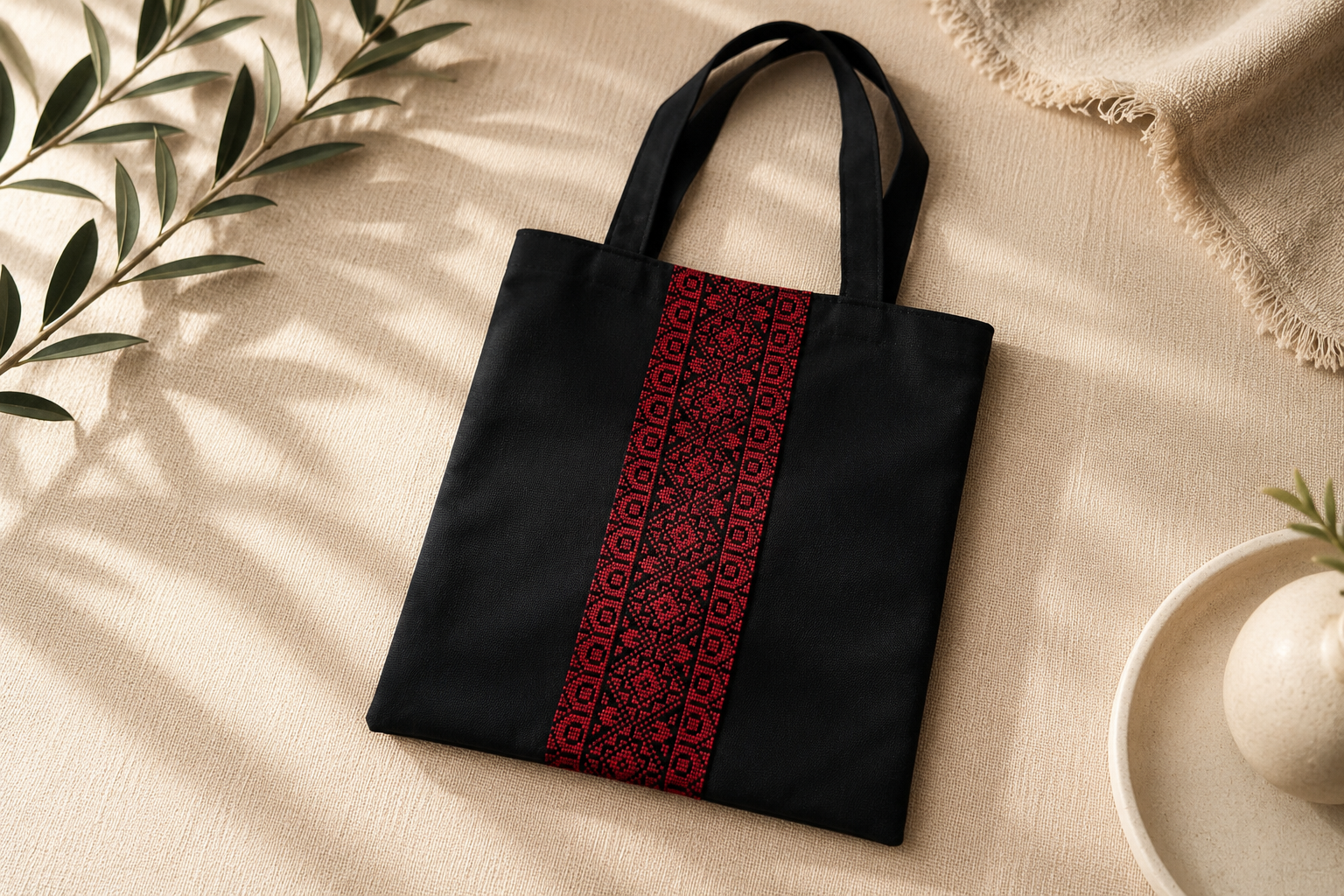 Artisan Embroidered Black Tote Bag