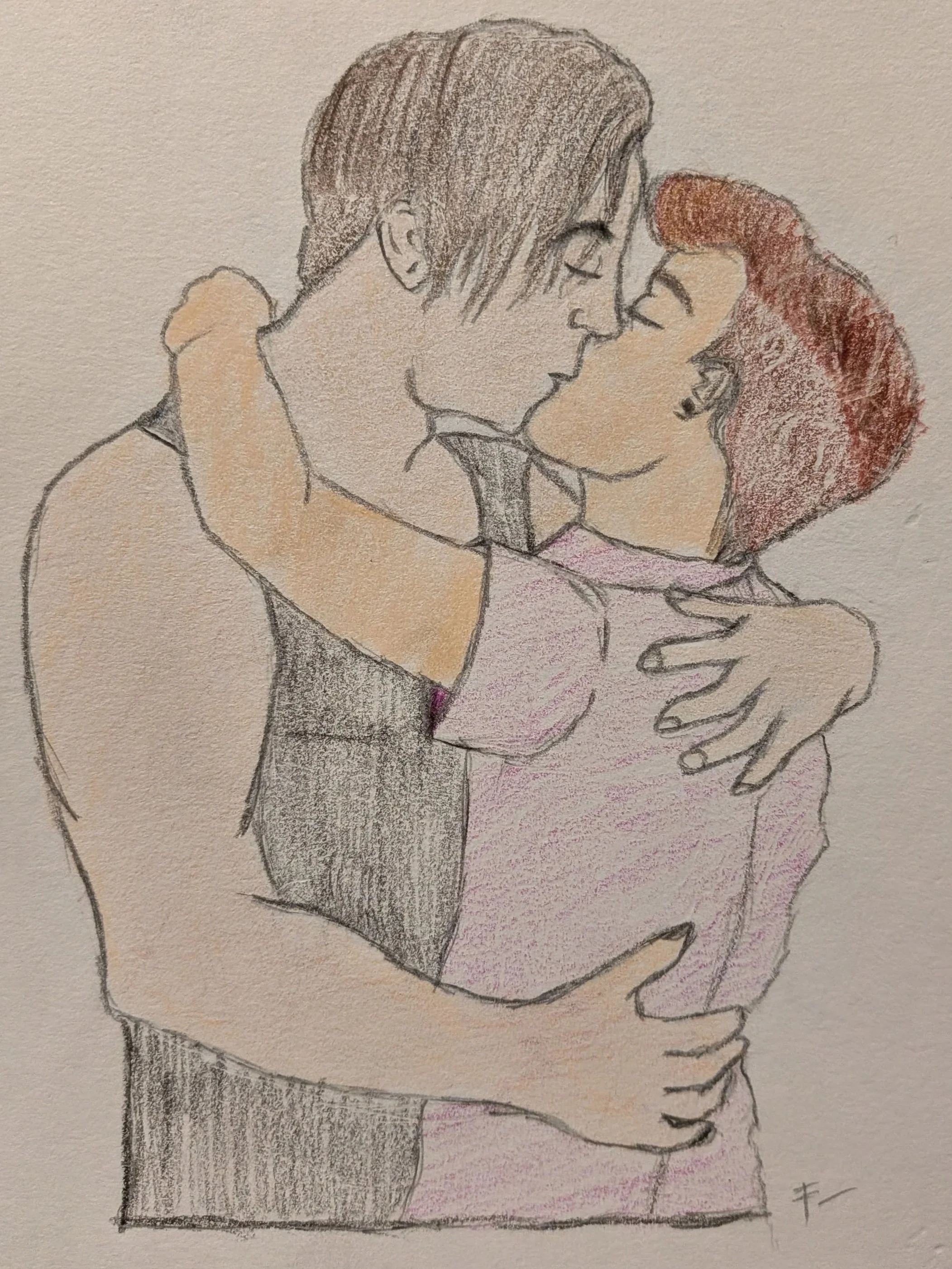 A man with dark hair kissing a person with light brown hair