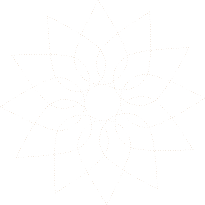 A geometric, star-shaped pattern made of dotted white lines on a black background, resembling a mandala or snowflake design.