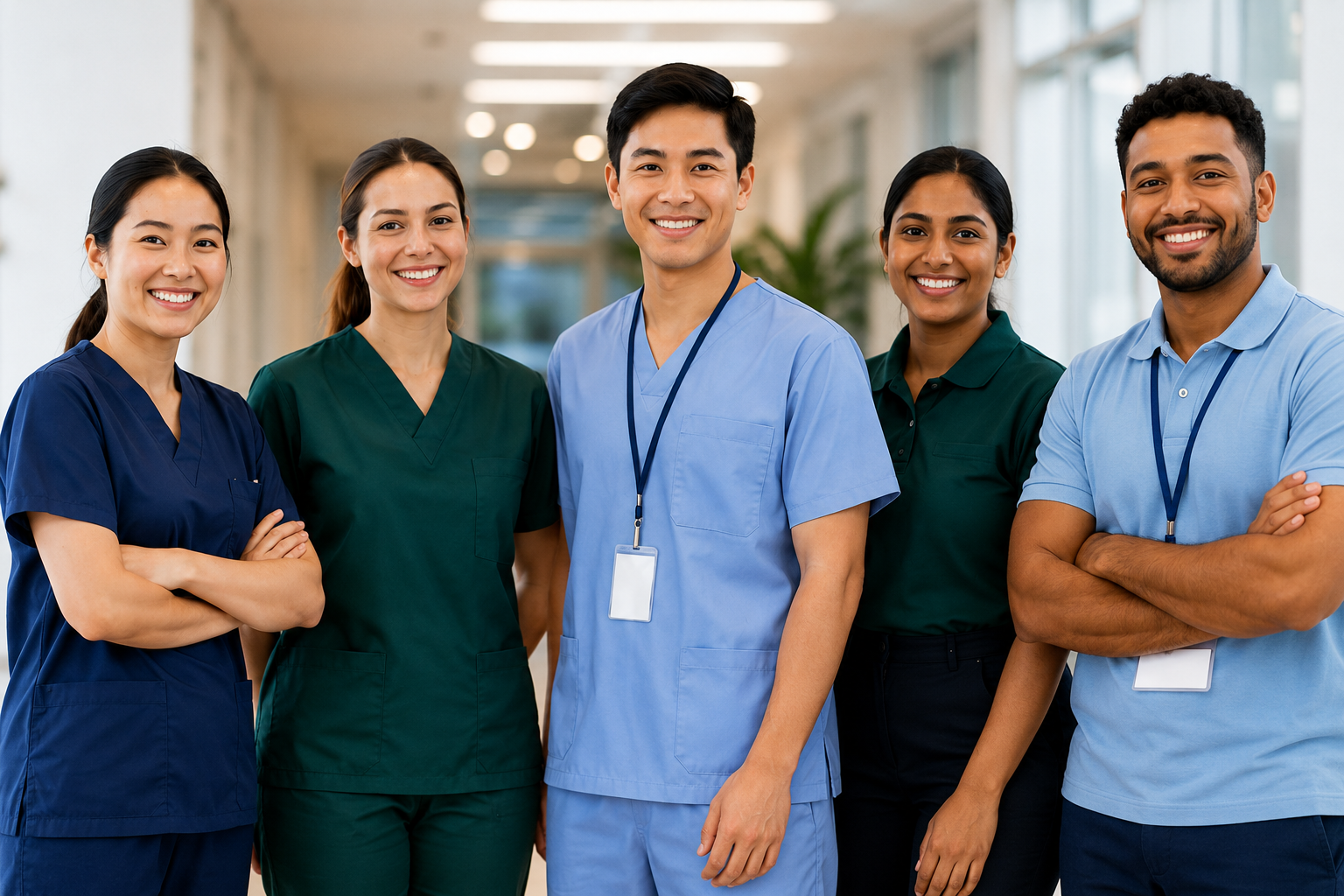 A diverse group of five healthcare professionals standing in a hospital corridor, smiling at the camera.