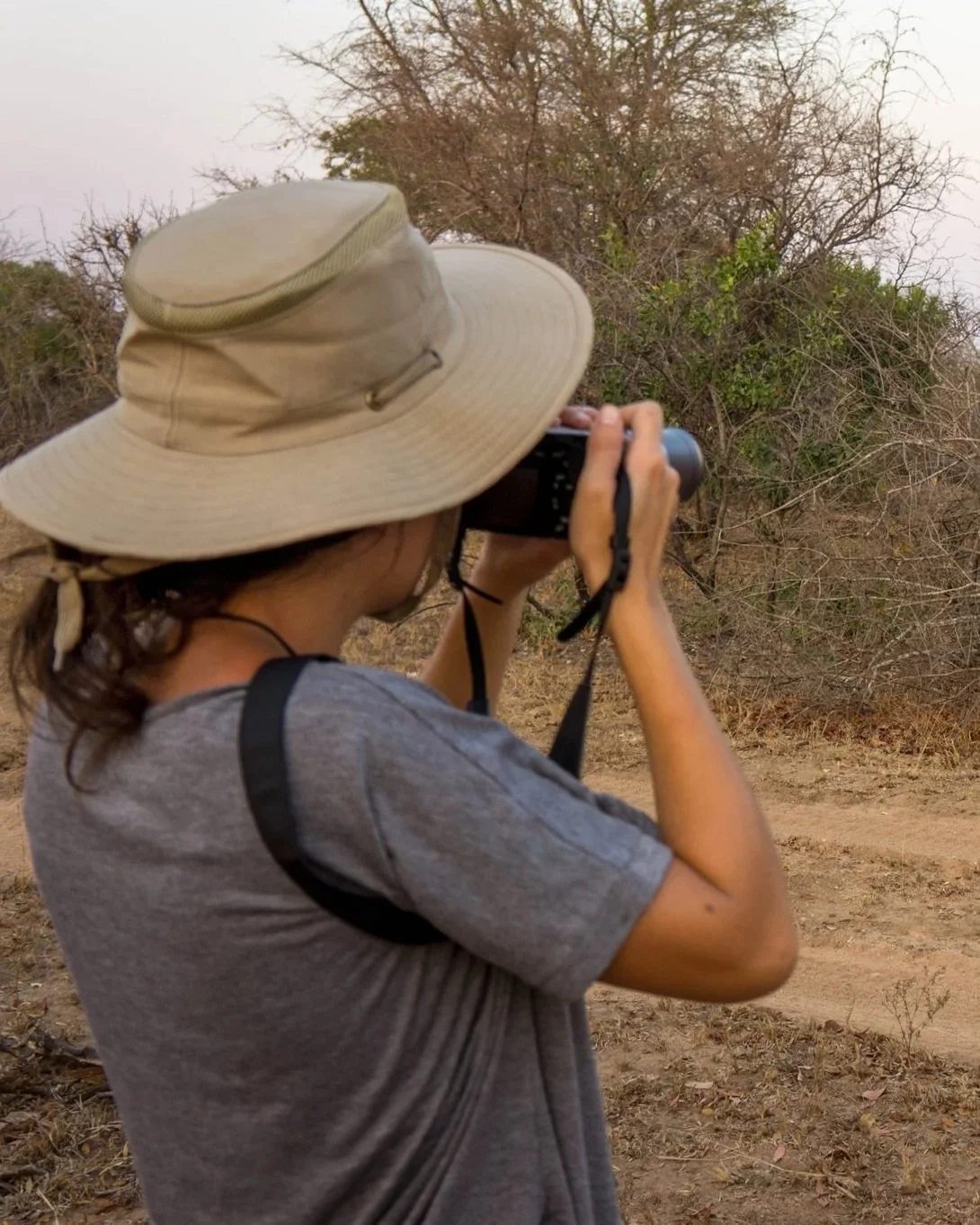 A person wearing a wide-brimmed hat and gray T-shirt is taking a photograph with a digital camera outdoors near dry bushes and trees.
