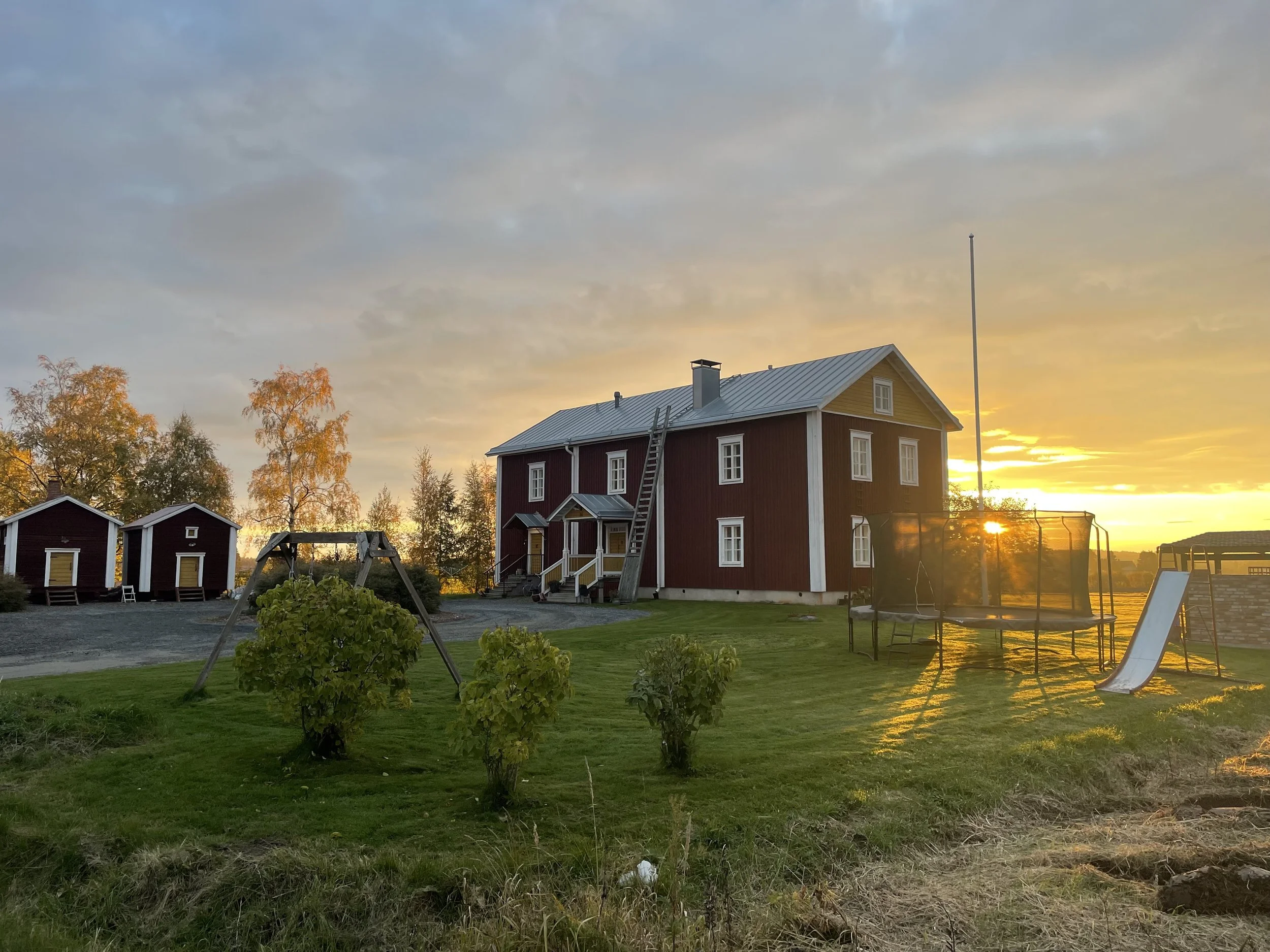Kuva Seinäjoen Mehuaseman pihapiiristä ilta-auringon aikaan, sisältää ison puutalon maalatuilla seinillä, pienempiä rakennuksia ja leikkipaikan, puut, nurmikkoa ja lehtipuita, taivaassa pilviä ja auringonlasku.