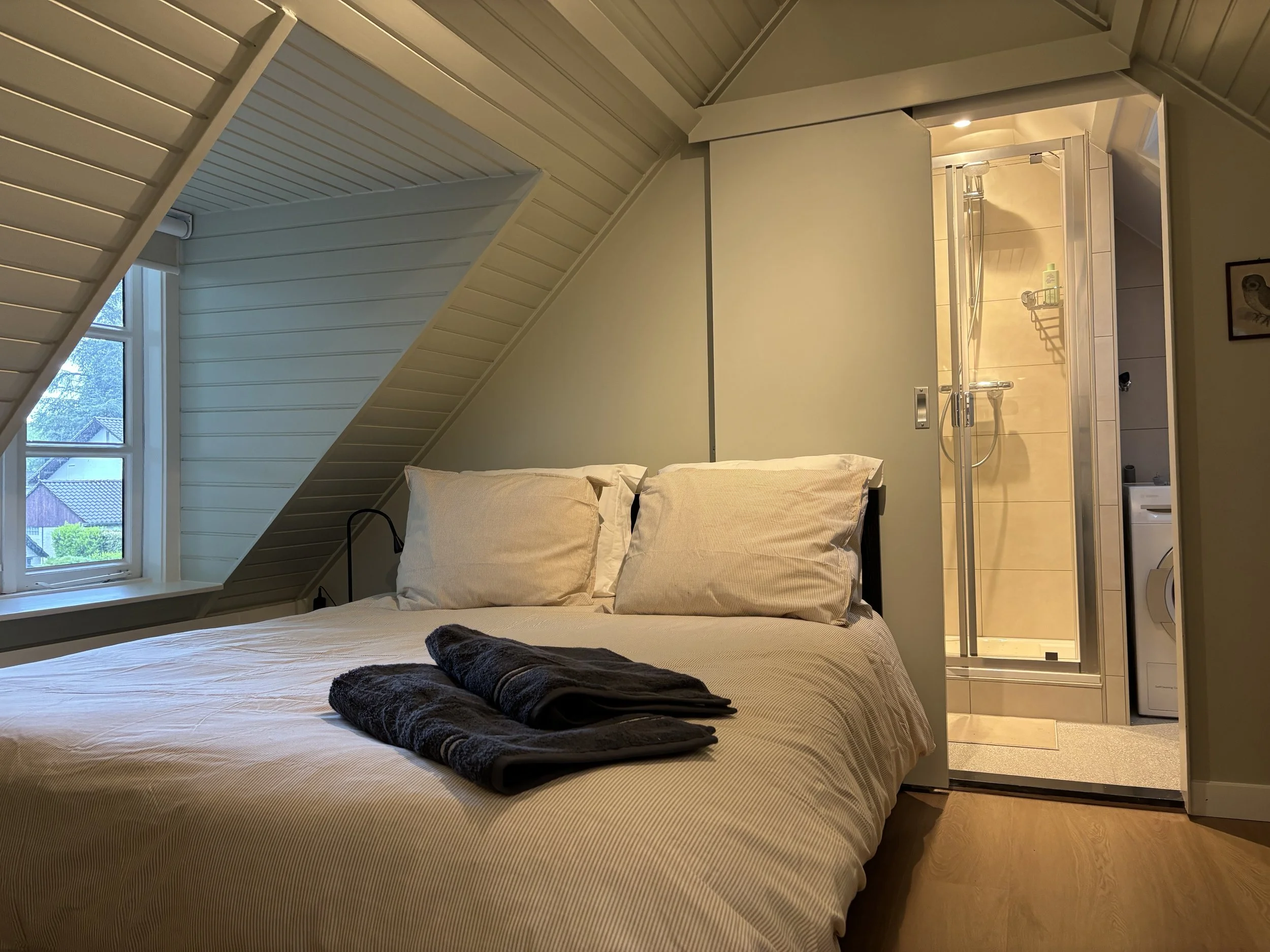 Een slaapkamer met een bed dat beddengoed en handdoeken heeft, een raam met uitzicht op een tuin, en een open douchecabine.