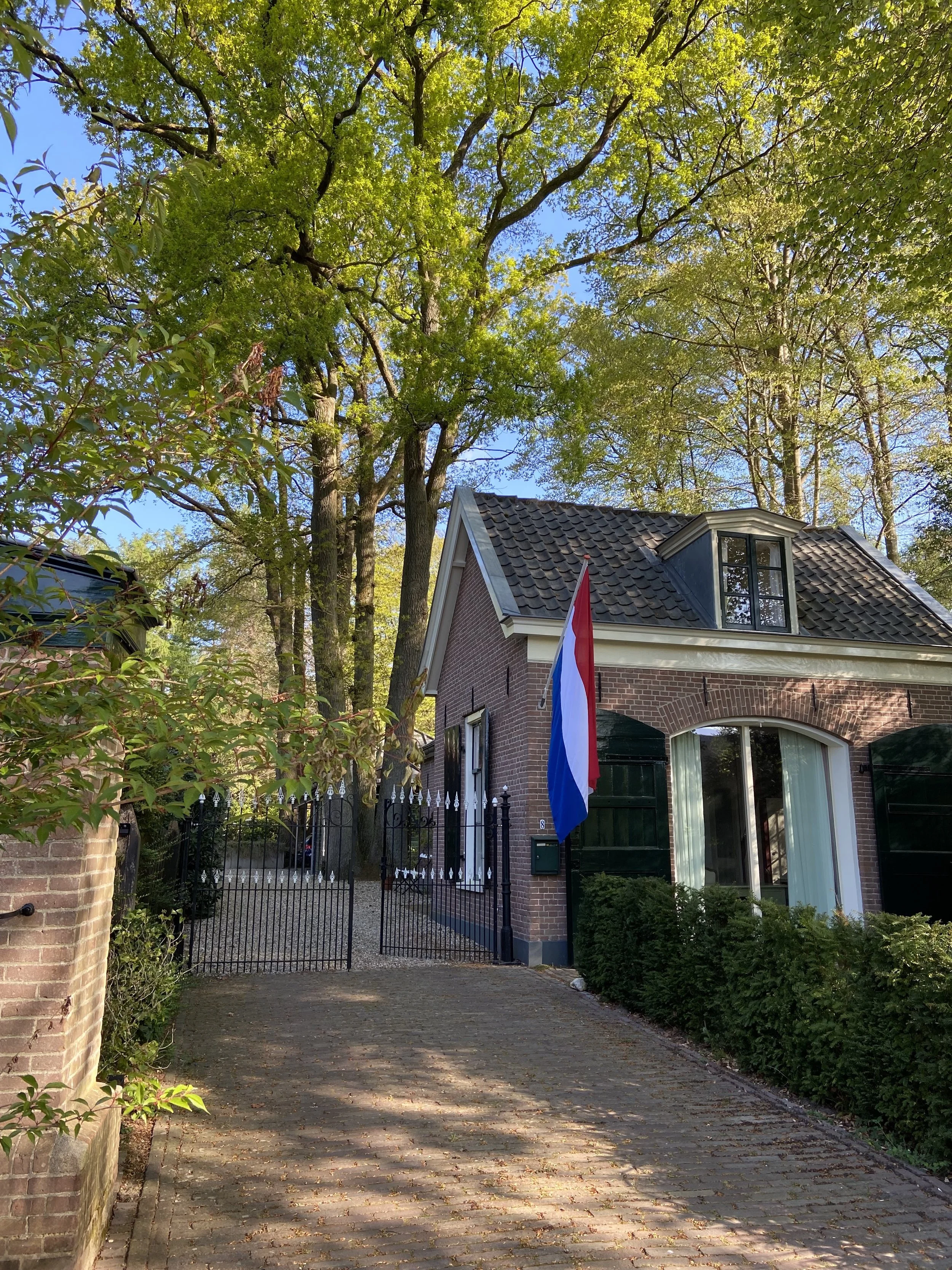 Een huis met een dak en een Nederlandse vlag voor de ingang, omringd door groene bomen en struiken, met een stenen oprit en een hek.