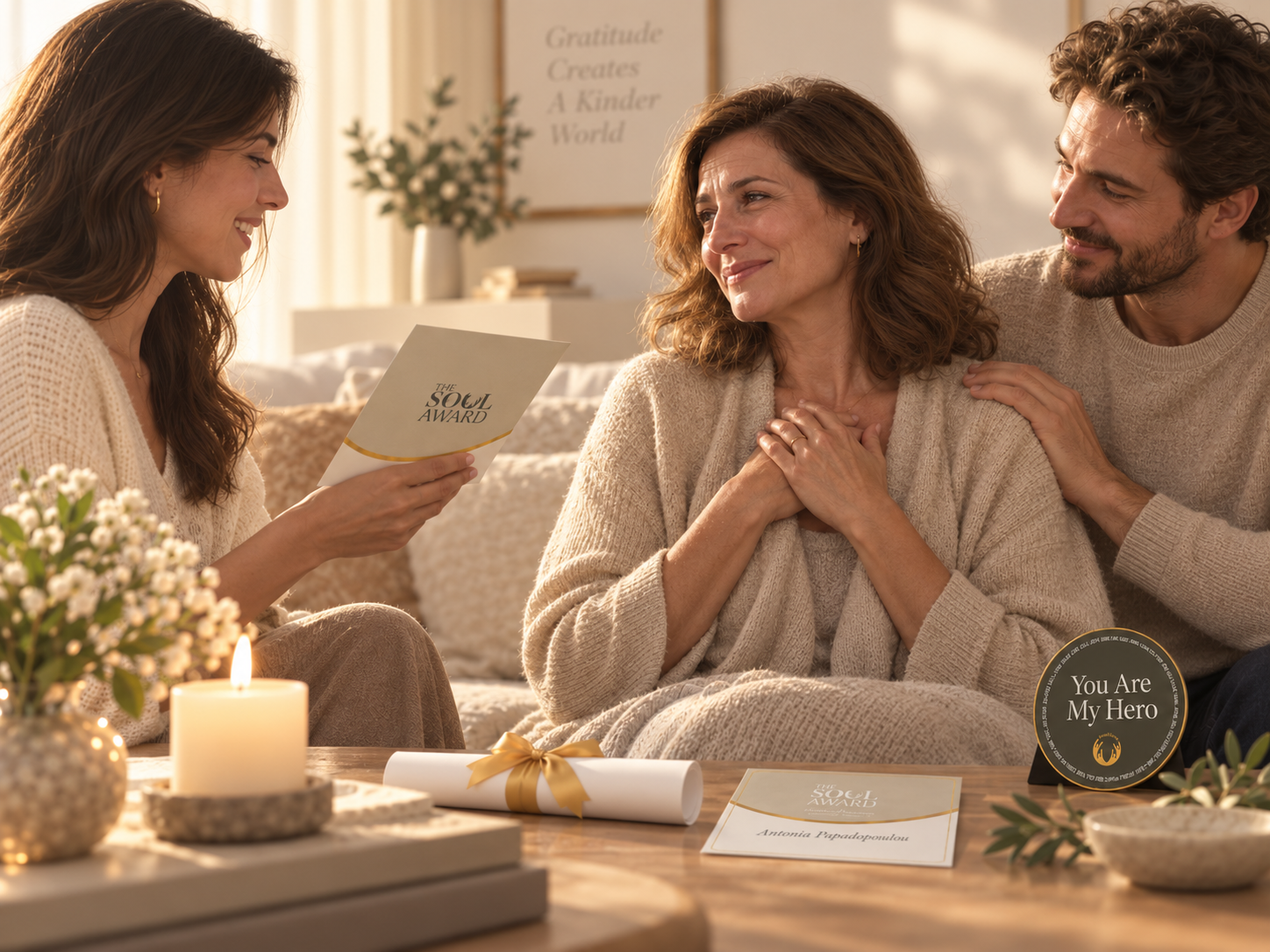 Family sharing a heartfelt Soul Award recognition moment at home with a Pergamene and HeroSfairos displayed nearby.