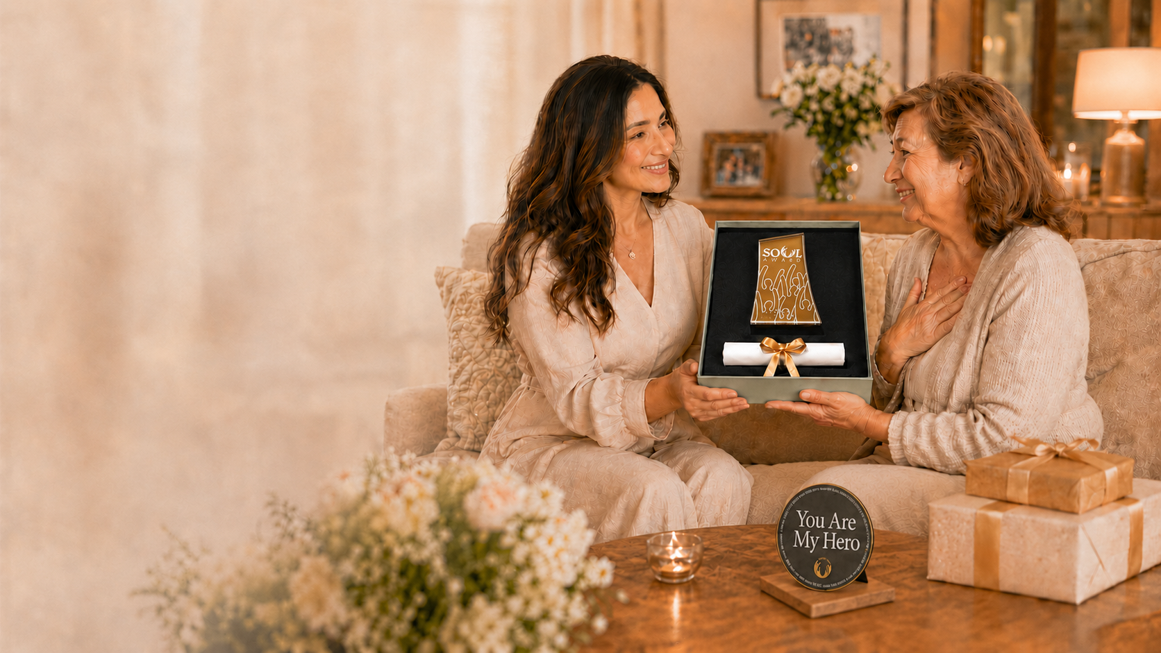 Woman presenting The Soul Award Hero Edition Set to an older woman during a warm at-home recognition moment.