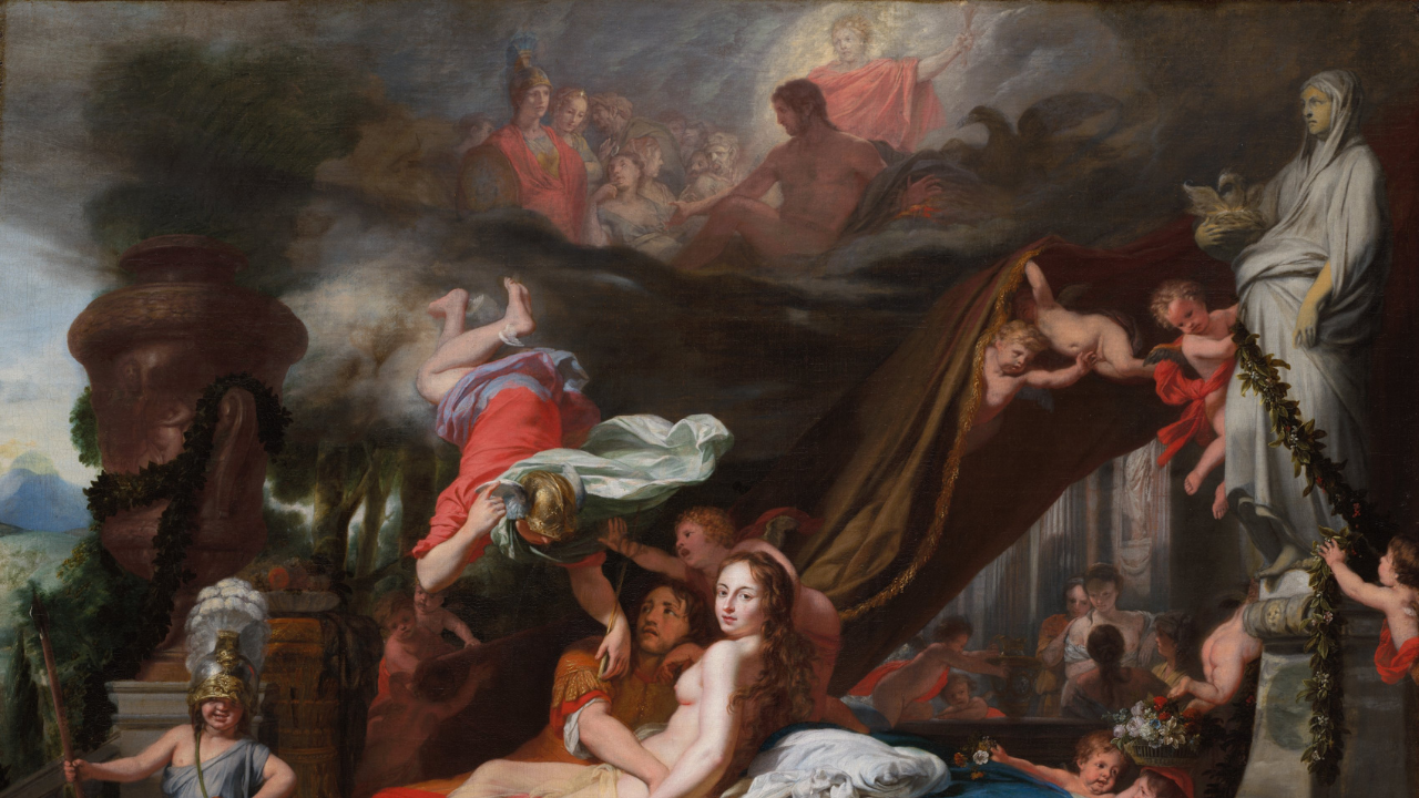 Hermes descends from the heavens to command Calypso to release Odysseus in a dramatic mythological painting.