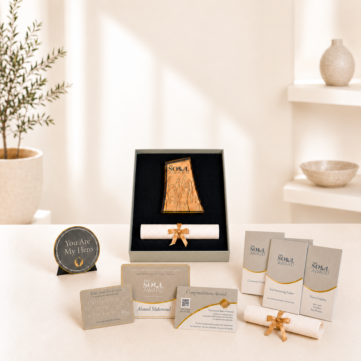 The Soul Award Hero Edition Set displayed on a neutral background with the Aristeion plaque, HeroSfairos, personalized cards, printed materials, and rolled Pergamene.