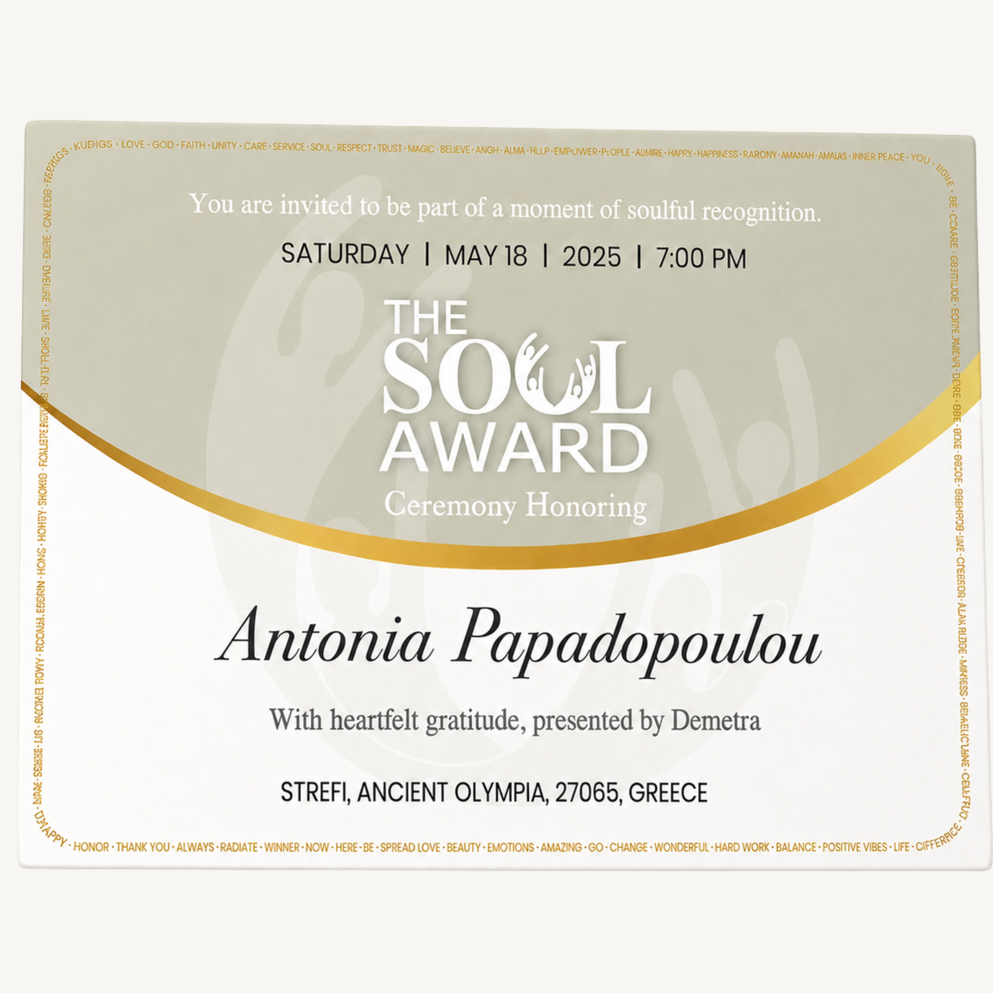 Personalized Soul Award Ceremony at Home invitation with the hero’s name, presenter, date, time, and location.