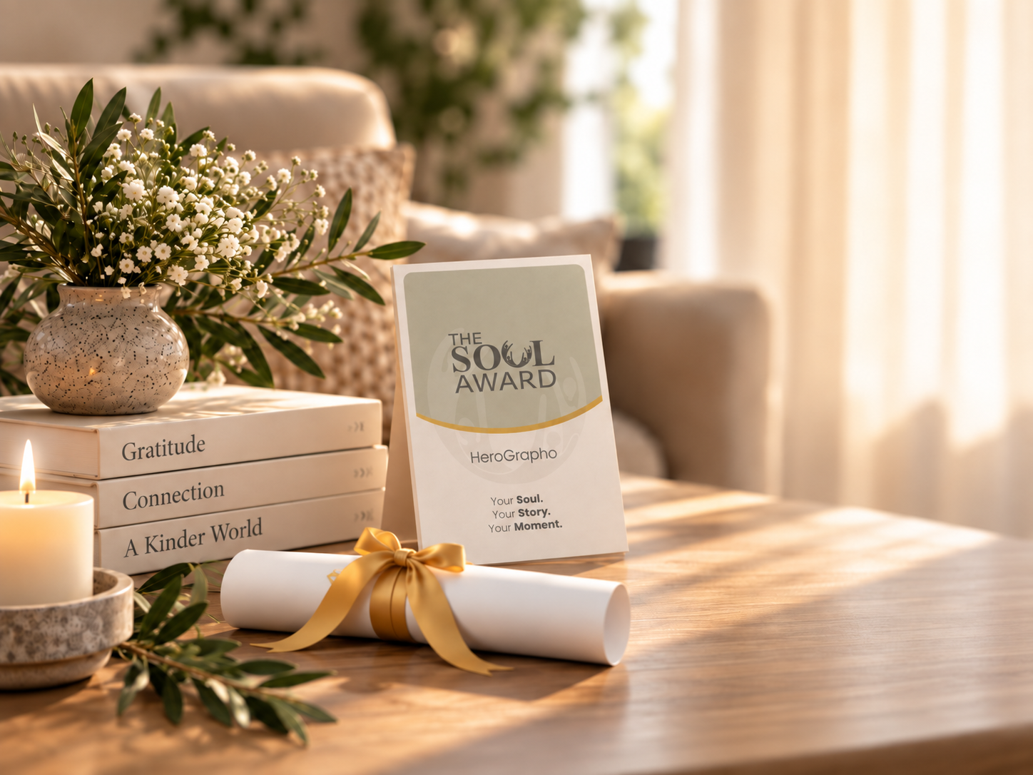 HeroGrapho journal and rolled Pergamene arranged for a Soul Award Ceremony at Home.
