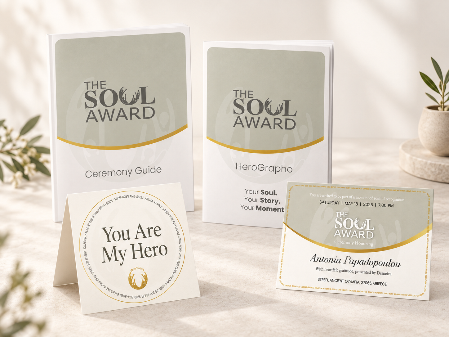 The Soul Award Ceremony at Home downloadable materials including Ceremony Guide, HeroGrapho, folded HeroSfairos, and personalized invitation arranged on a soft neutral background.