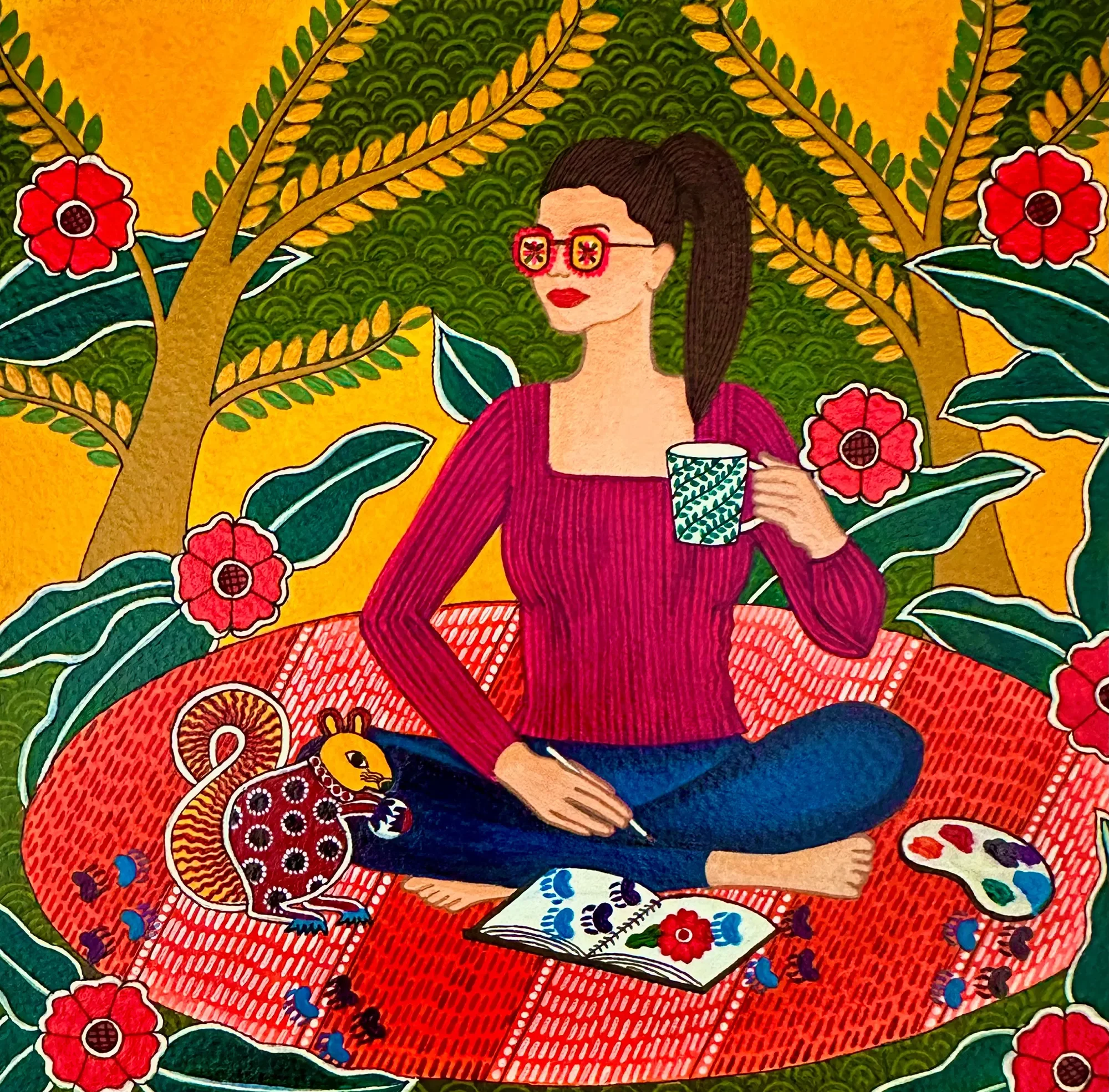 Self-portrait of an artist Prachi Gawas wearing floral glasses, seated among trees and flowers with a cup and painting materials