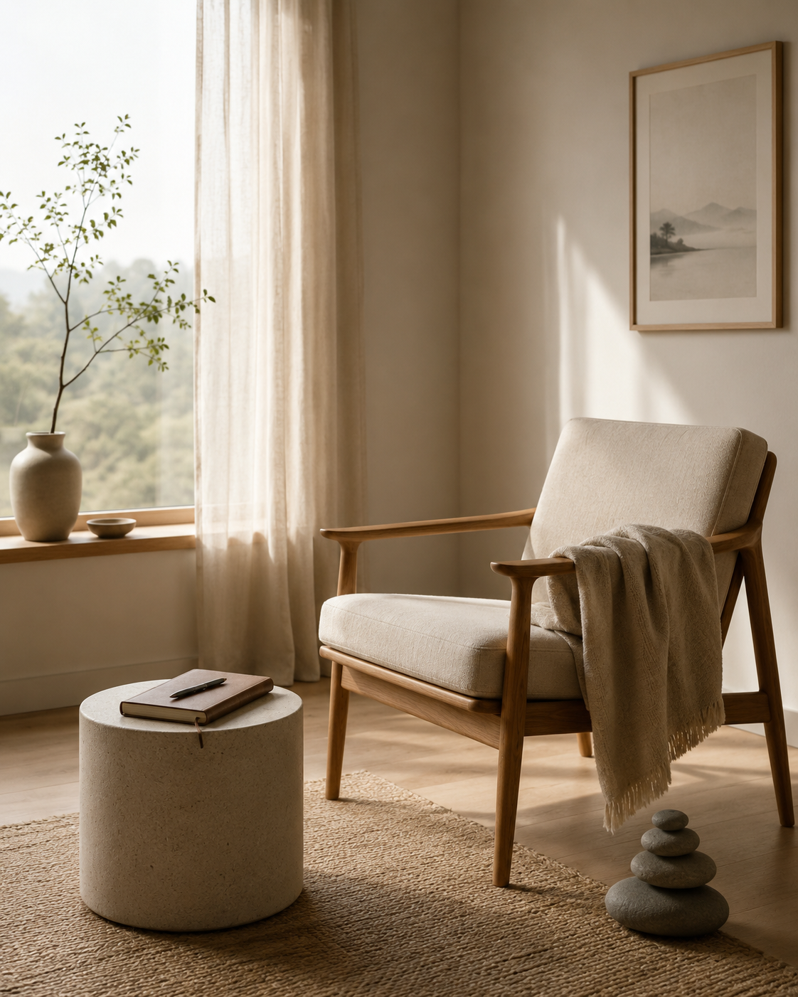 A cozy, minimalist living space with a beige chair, a round ottoman with a notebook and pen, a small stack of stones, a large window with sheer curtains, a ceramic vase with a plant on the windowsill, and framed artwork on the wall.