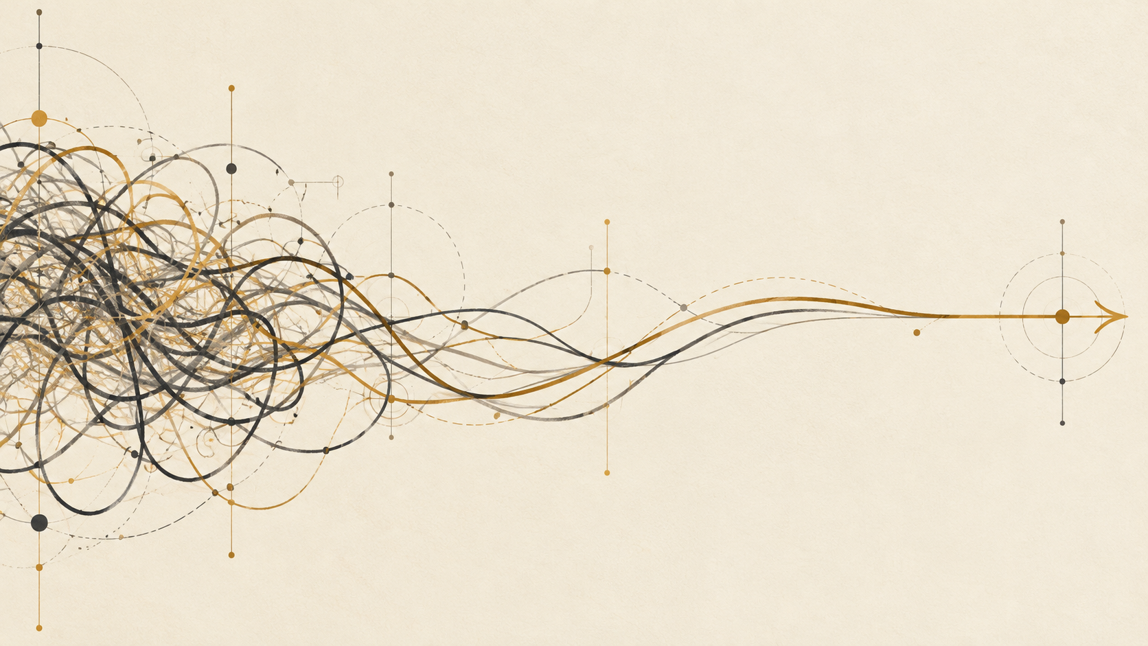 Abstract digital artwork with tangled black and gold lines on the left that straighten and widen towards the right, ending with an arrow pointing right.