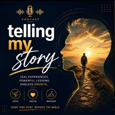 Podcast cover titled "Telling My Story" featuring a silhouette of a person walking on a mountain trail during sunset, with a stylized outline of a face.