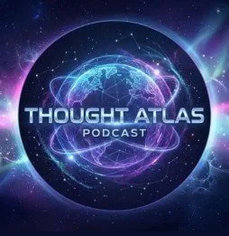 Logo for Thought Atlas Podcast featuring a glowing Earth with orbiting lines and a cosmic background.