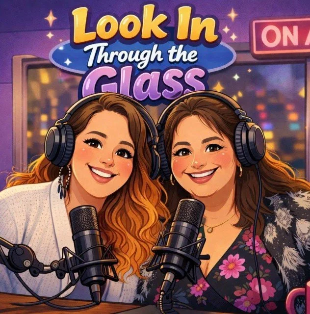 Two women with headphones in front of microphones, smiling, with a colorful city skyline background and a sign that says 'Look In Through the Glass'.