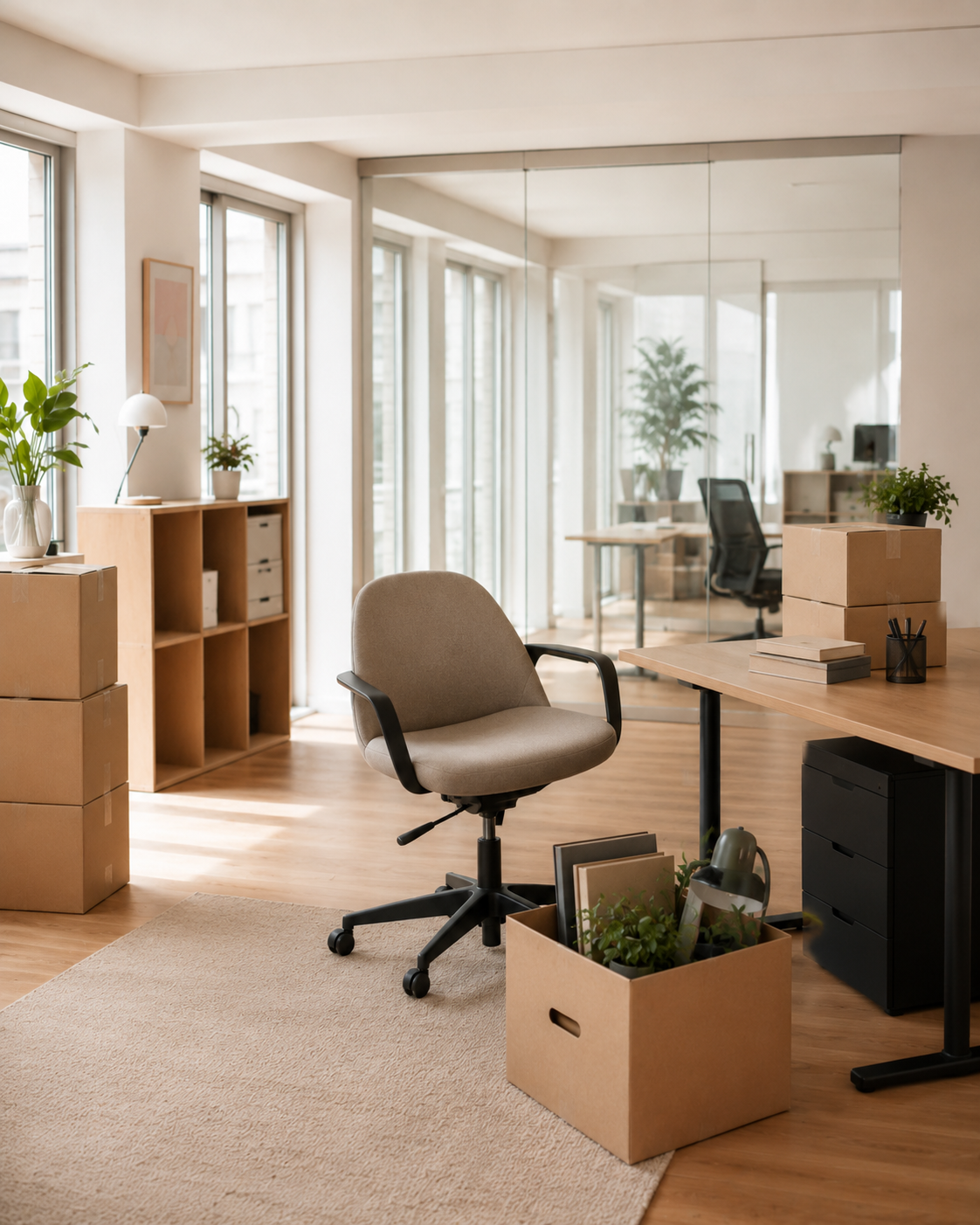 Geräumtes Büro mit Umzugskartons