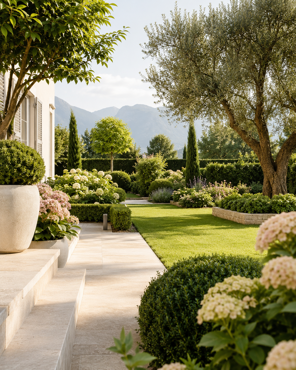 Gepflegter Garten mit Rasen, Hecken und blühenden Beeten.