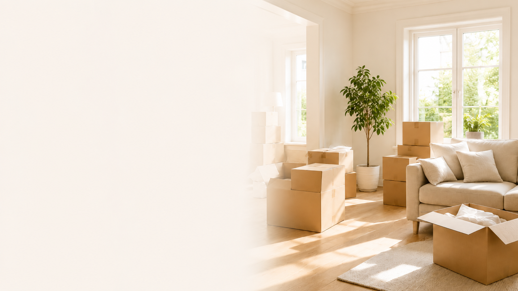Helles Wohnzimmer mit Umzugskartons, Sofa und Zimmerpflanze.