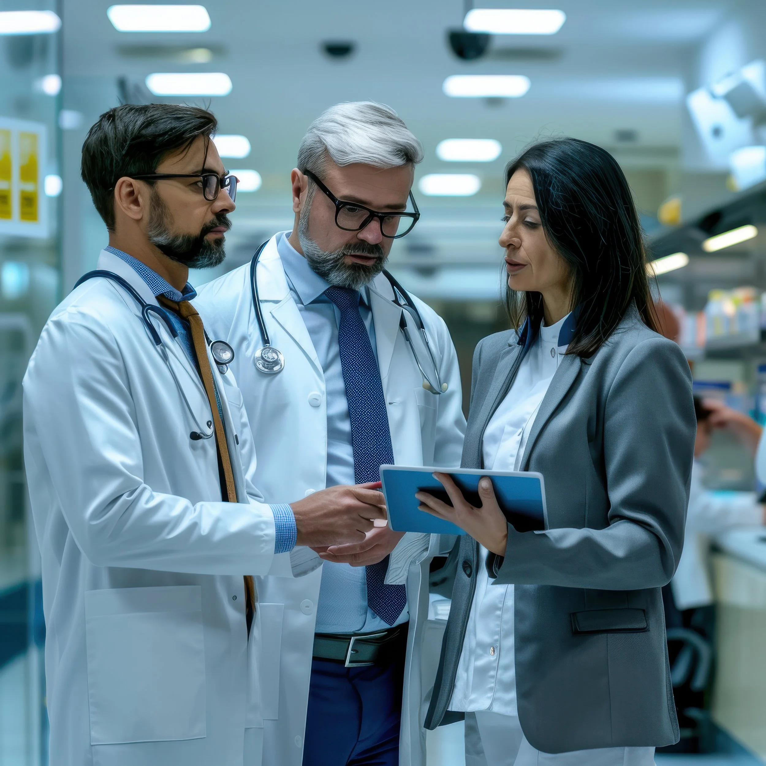 Three medical professionals, two men and one woman, standing closely together in a hospital corridor, engaged in conversation while looking at a tablet device. All are wearing white lab coats and stethoscopes.