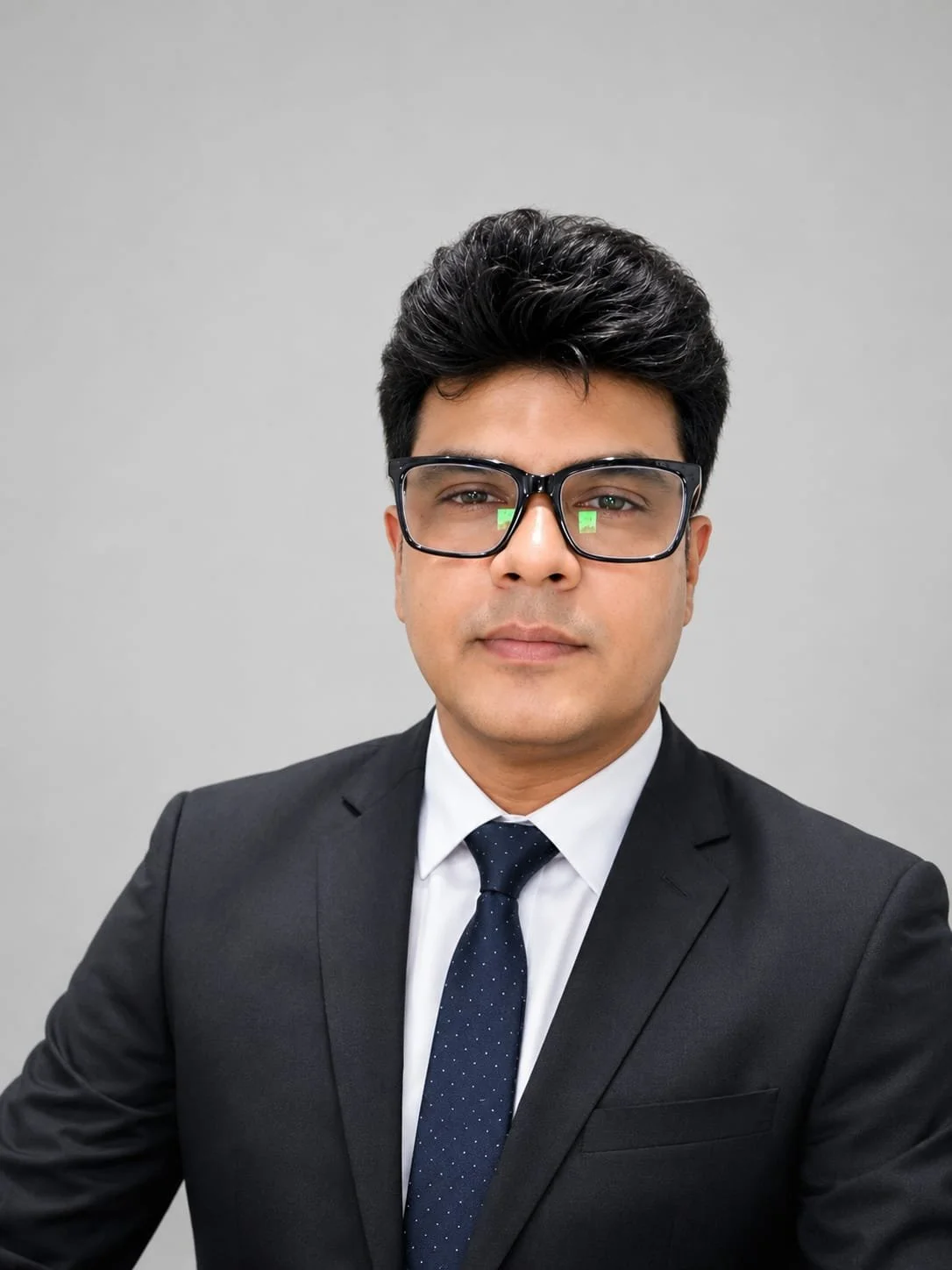 Portrait of a young man with black hair wearing glasses and a dark suit, white shirt, and dark tie, in front of a gray background.