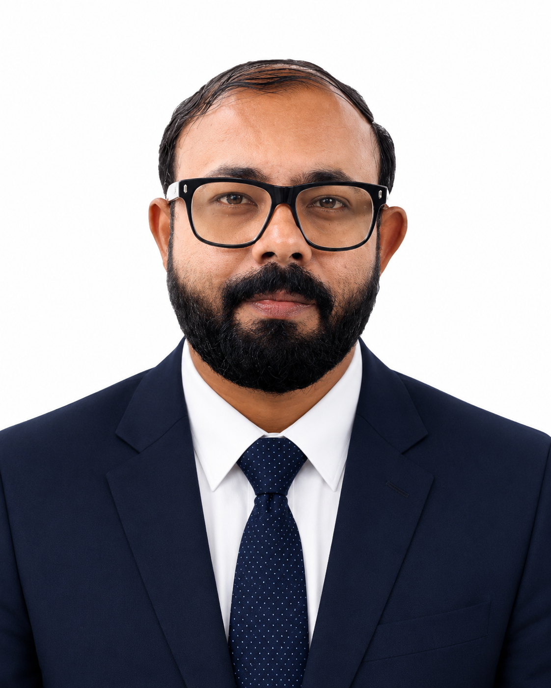 Portrait of an Indian man in formal business attire, wearing glasses, with a beard and mustache, against a white background.