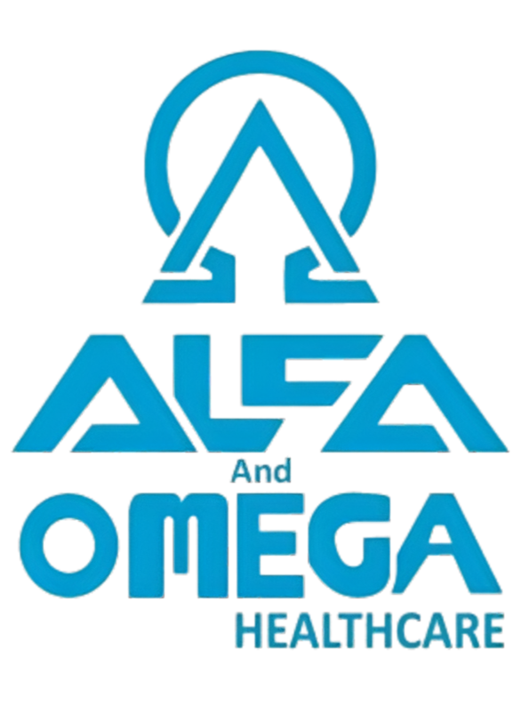 Logo for Alpha and Omega Healthcare featuring a stylized 'A' and 'O' in blue with a red circle and arrow, with the text 'Alpha and Omega Healthcare' below.