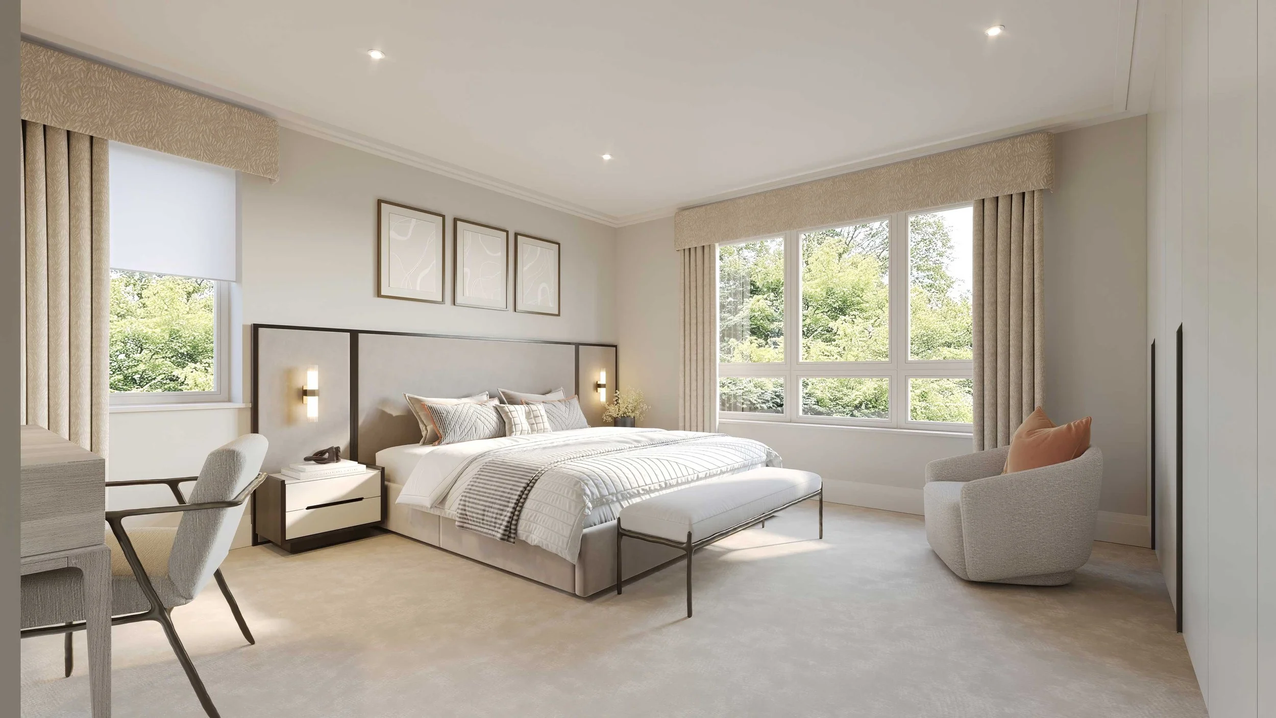 Bright bedroom with large windows showing green trees outside, neutral-colored bed with striped bedding, and modern decor.