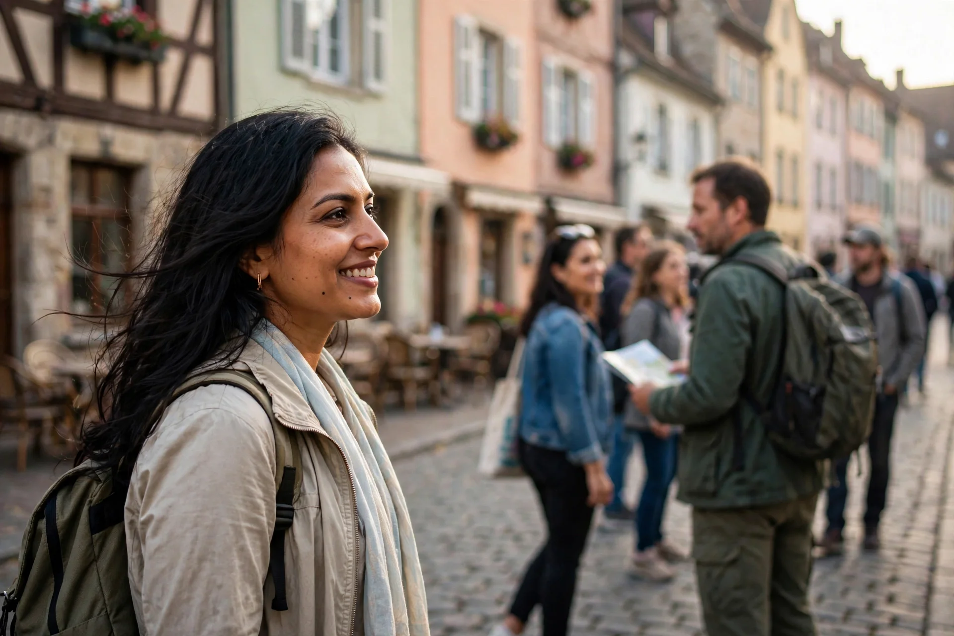 Maya on a walking tour with a small group of travelers on a cobblestone street in a historic old town