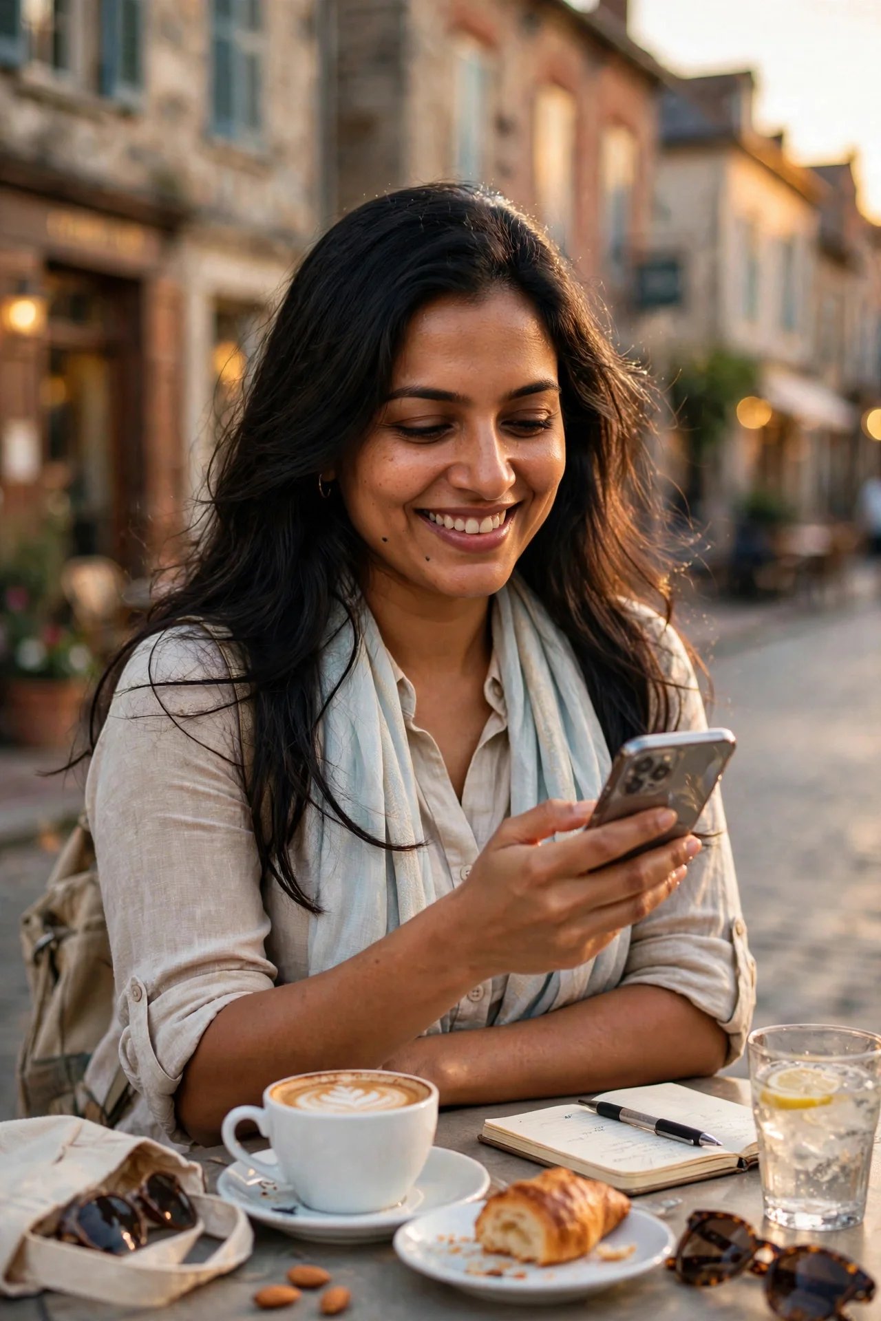 Maya smiling at her phone at an outdoor café table with a coffee, a croissant and her notebook