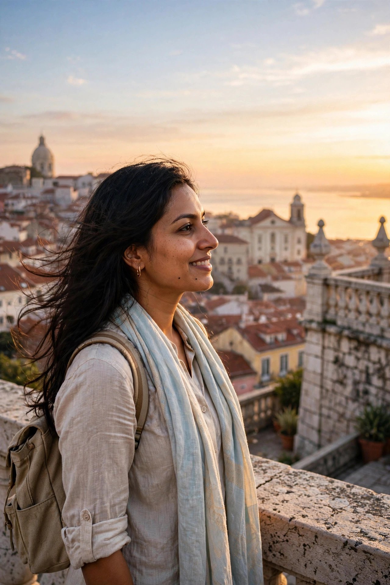 Woman in profile on a stone terrace above Lisbon's red rooftops at sunset, a church dome in the distance.
