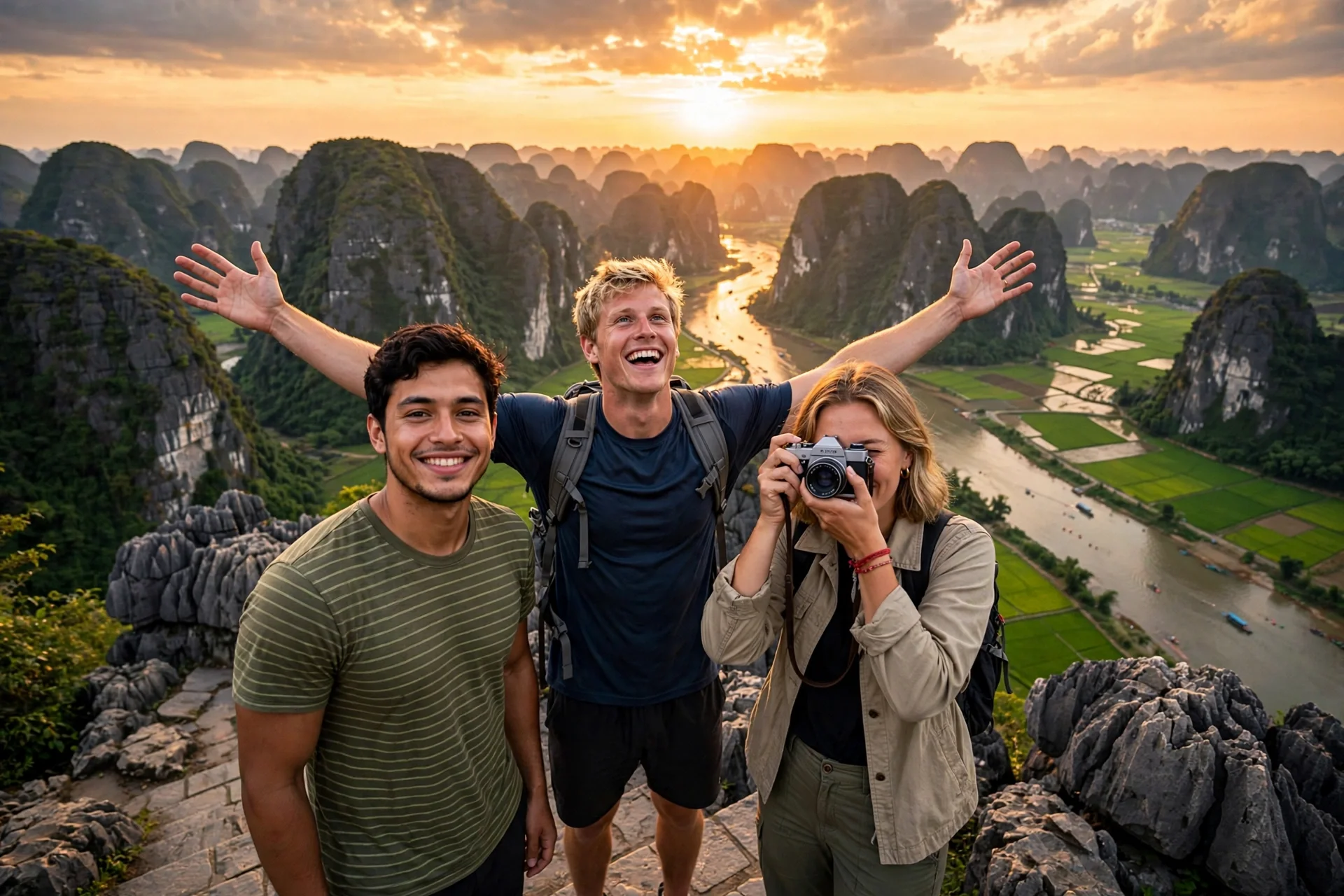 Three hikers at a mountain viewpoint at sunset overlooking a river valley with limestone karsts.