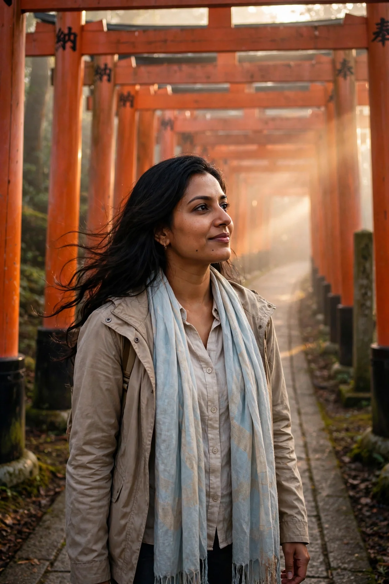 A woman walking alone through a tunnel of vermillion torii gates at Fushimi Inari at dawn.