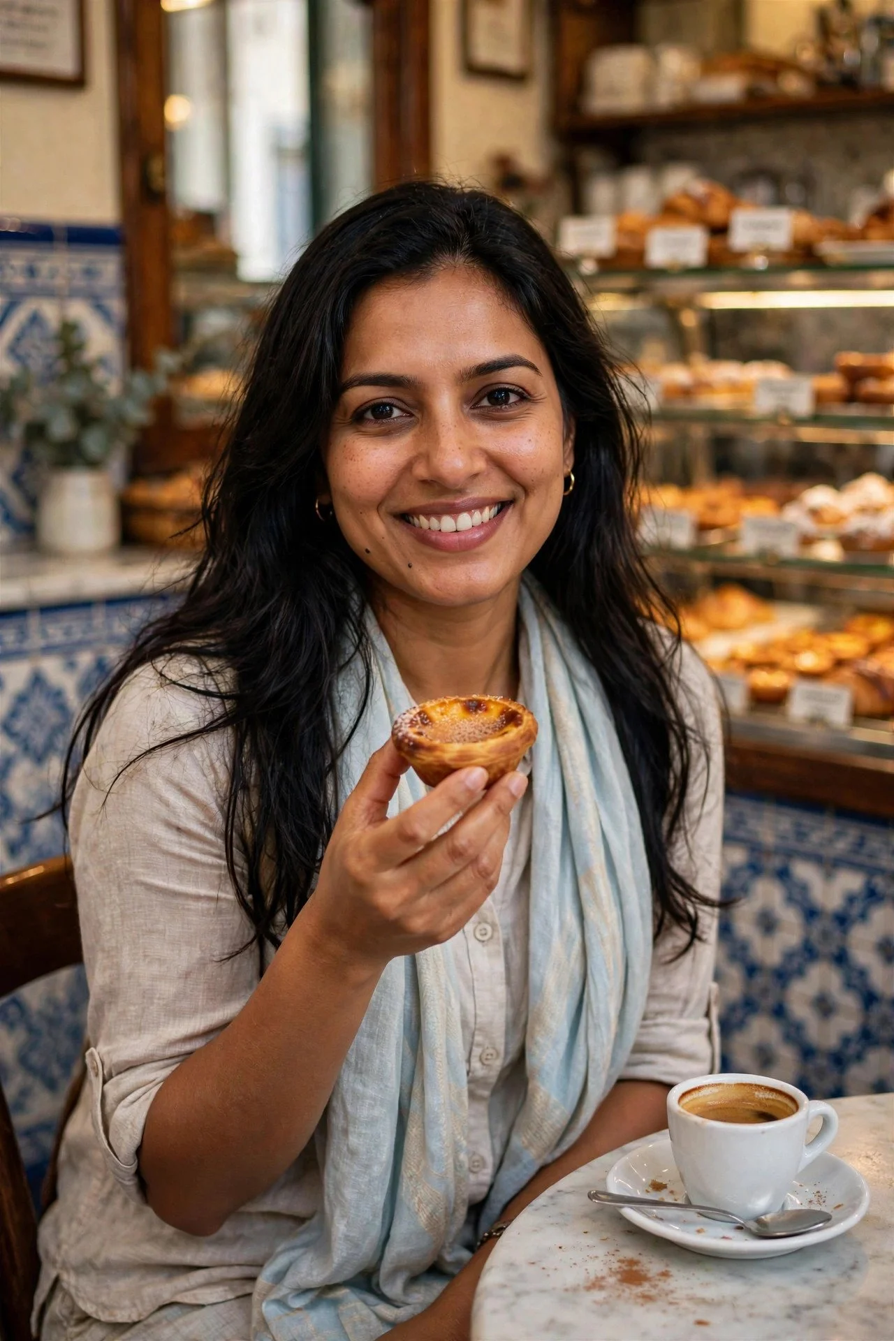 Smiling woman holding a custard tart with a coffee in front of a bakery case and blue tile wall.