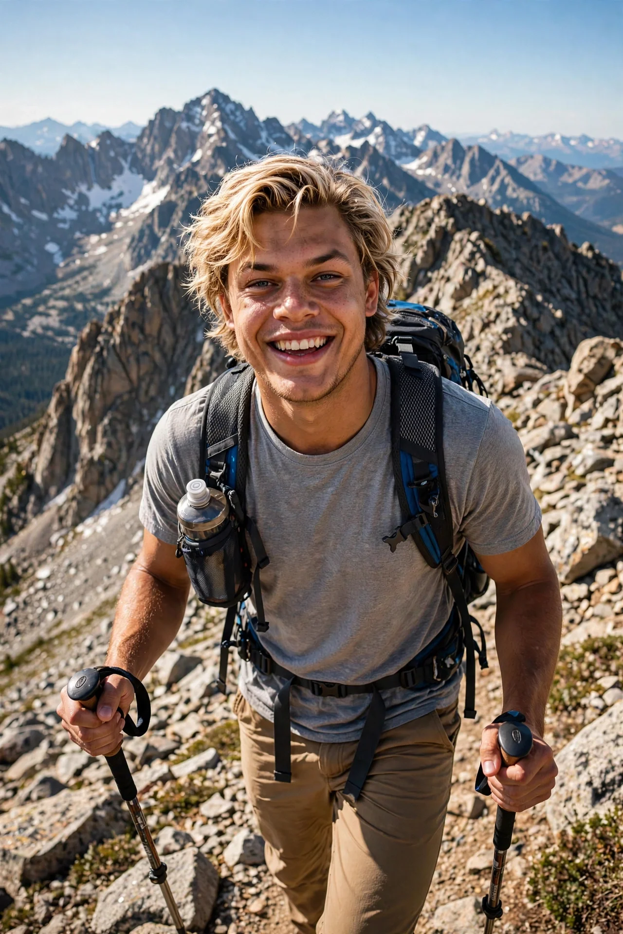 A smiling hiker with a backpack and trekking poles on a rocky ridge, with jagged mountain peaks behind.