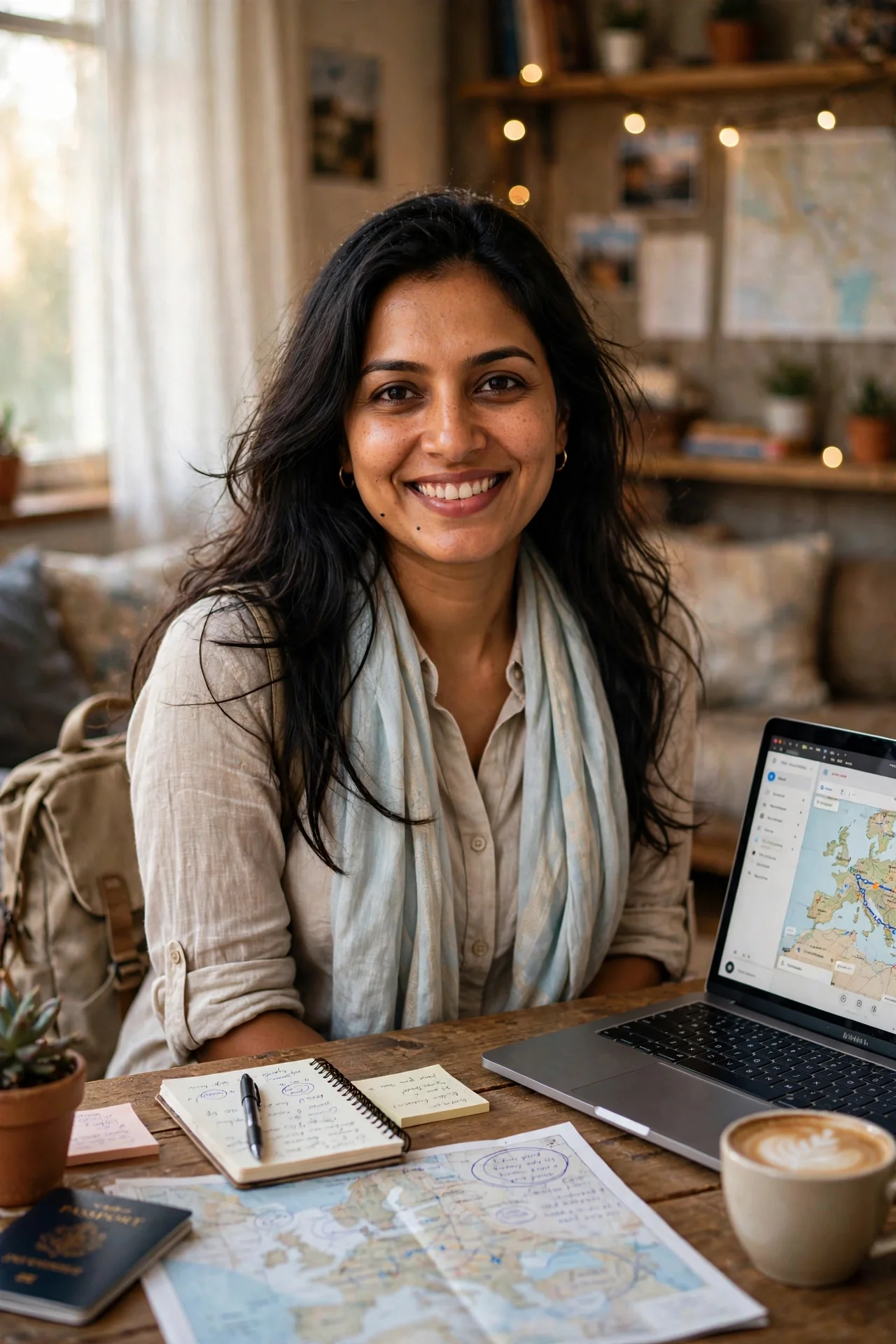 Maya researching a trip at a table with a laptop showing a map, a paper map, a notebook and her passport