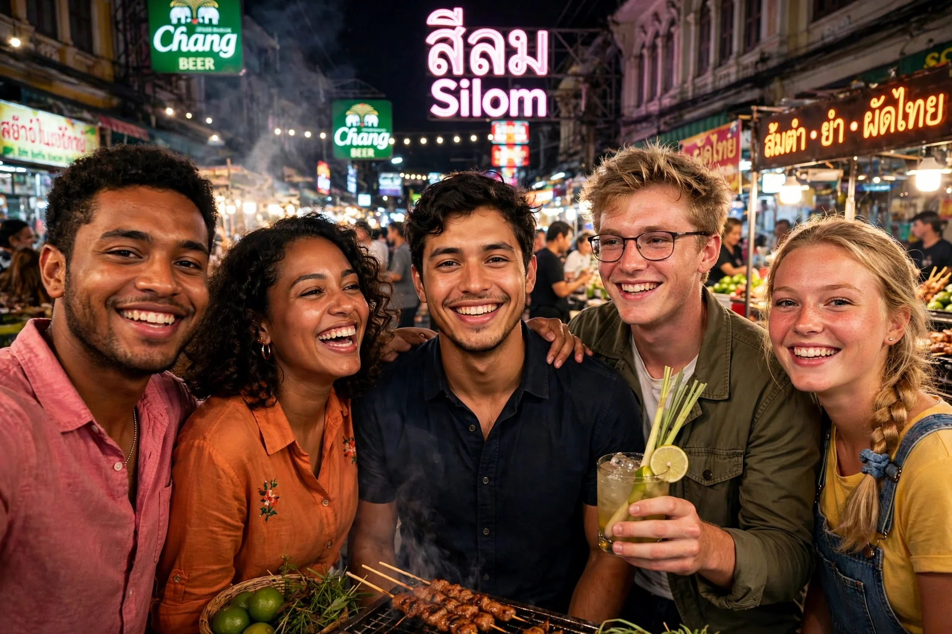 Five friends crowd together at a night-market grill in Silom, smiling and holding drinks under neon signs.