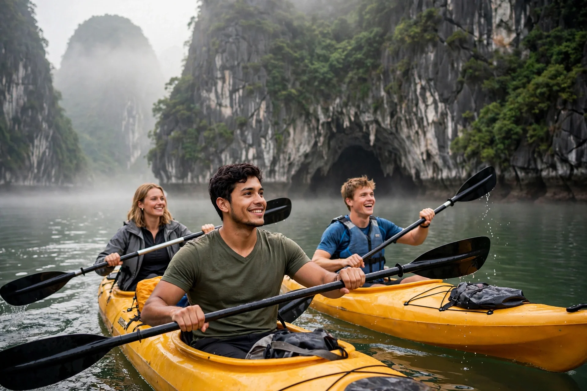 Three kayakers paddling toward a cave opening between limestone karsts in misty Ha Long Bay.