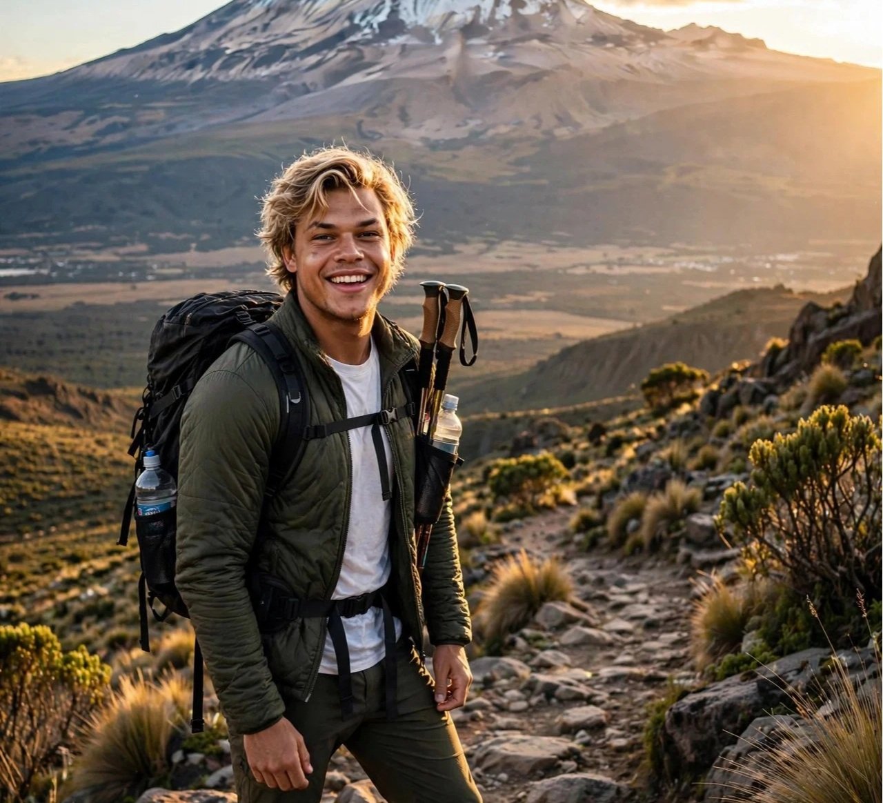 Finn, an AI-generated travel character, hiking toward Mount Kilimanjaro.