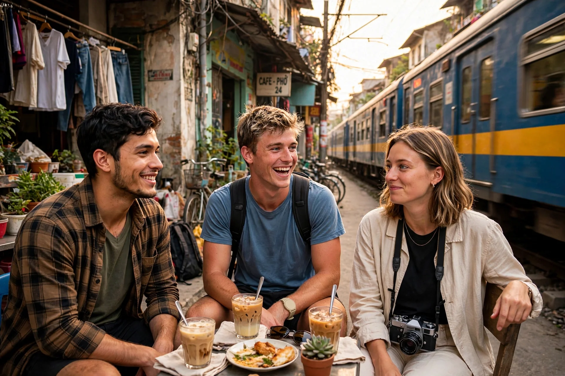 Three travelers with coffees at a cafe beside railway tracks as a train passes through a narrow Hanoi alley.