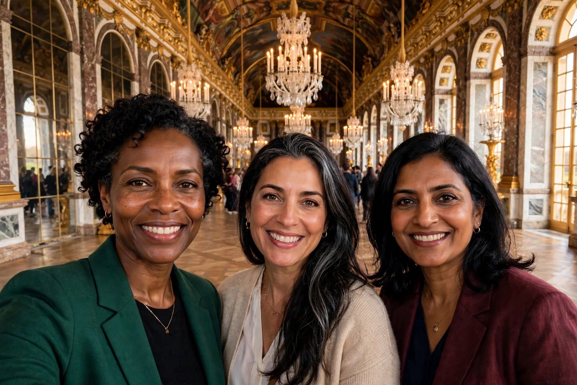 The Hall of Mirrors at Versailles with chandeliers and arched windows.