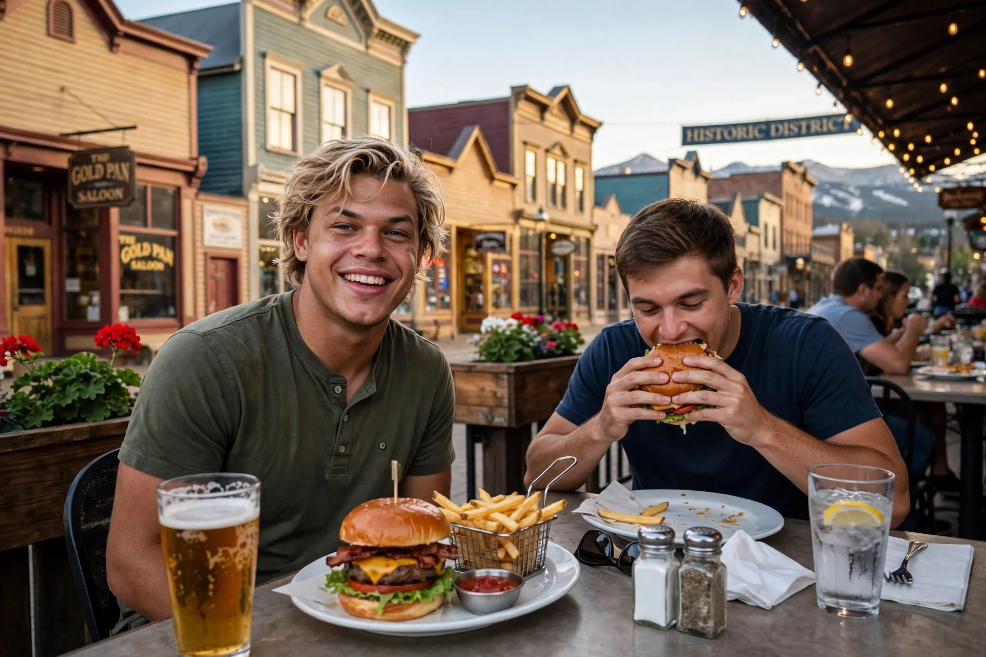 Two men at an outdoor restaurant table in a historic mountain town, one smiling beside a bacon cheeseburger, fries and a beer, the other biting into a burger.