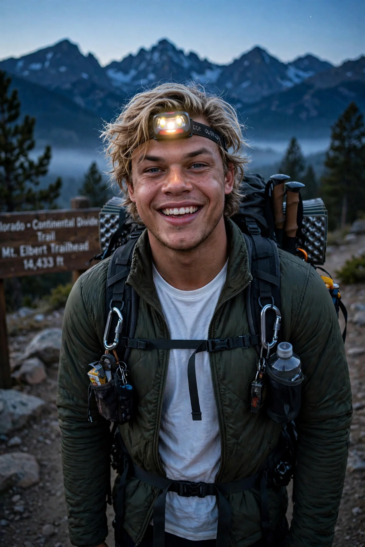 Finn with a loaded daypack and a glowing headlamp at a Colorado trailhead at dawn, mountain peaks silhouetted behind him