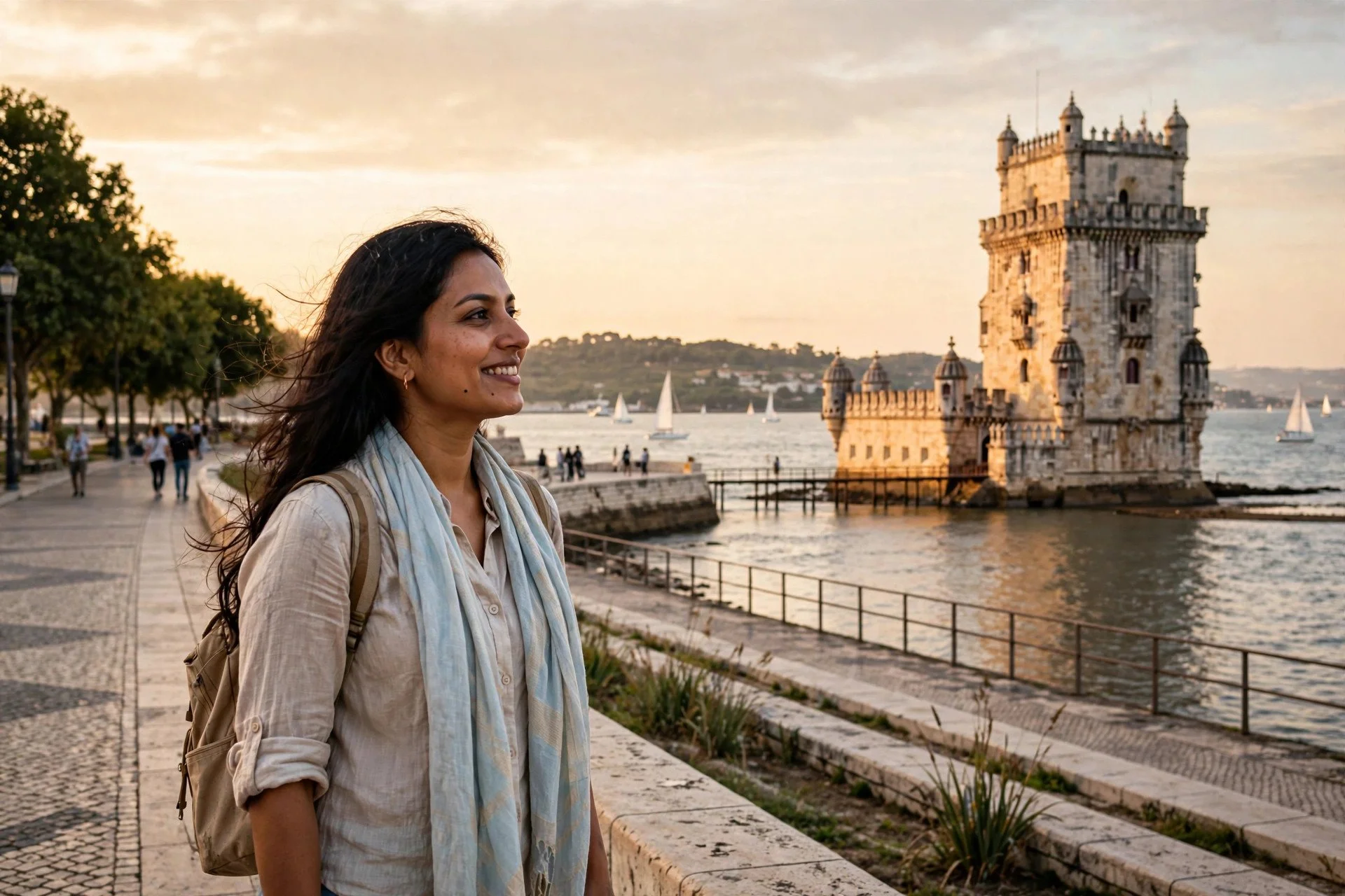 Woman smiling in profile along the Tagus waterfront at sunset, the Belém Tower and sailboats behind her.