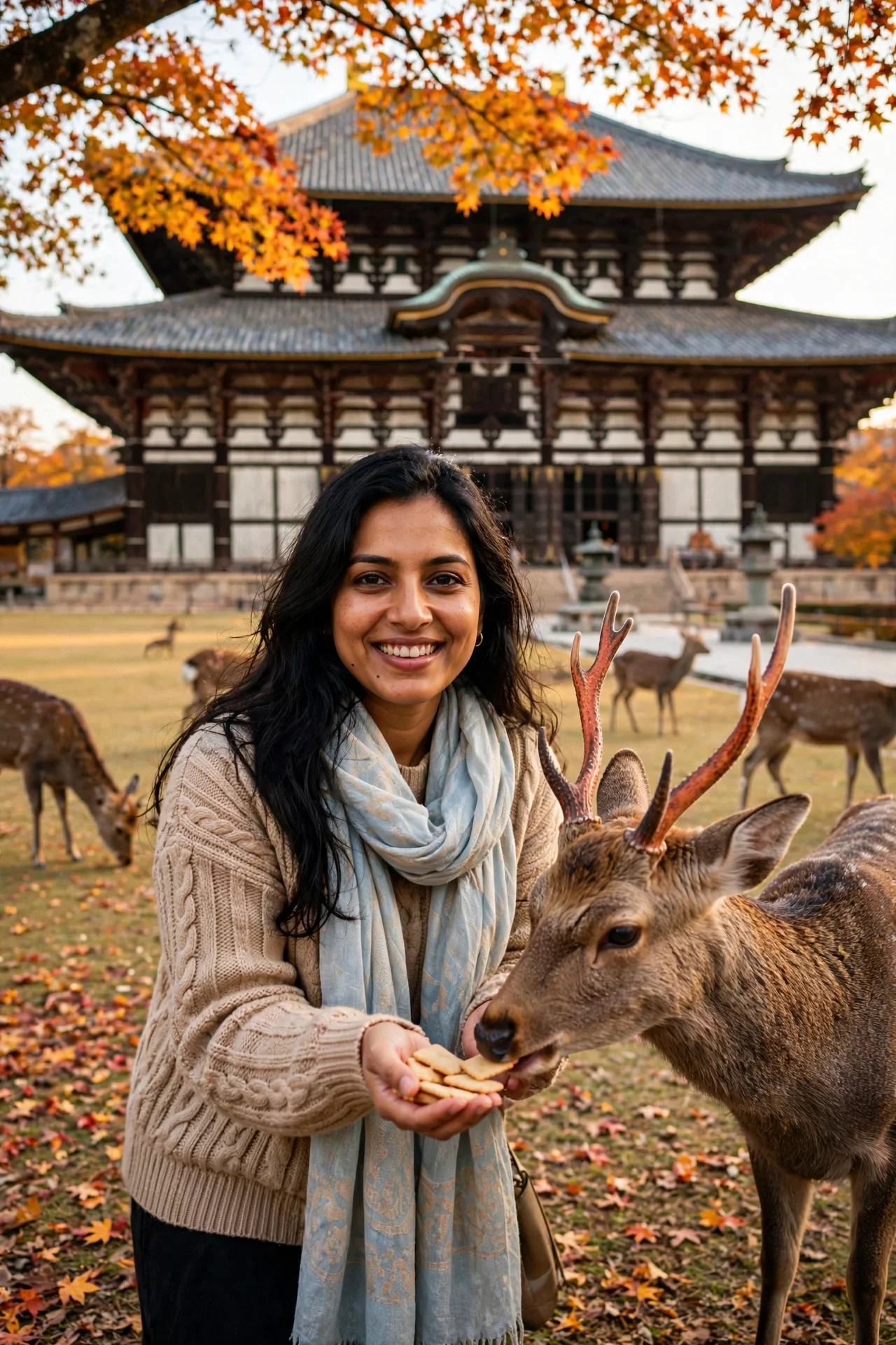 A smiling woman feeding crackers to a bowing deer in Nara Park with Todai-ji temple behind.